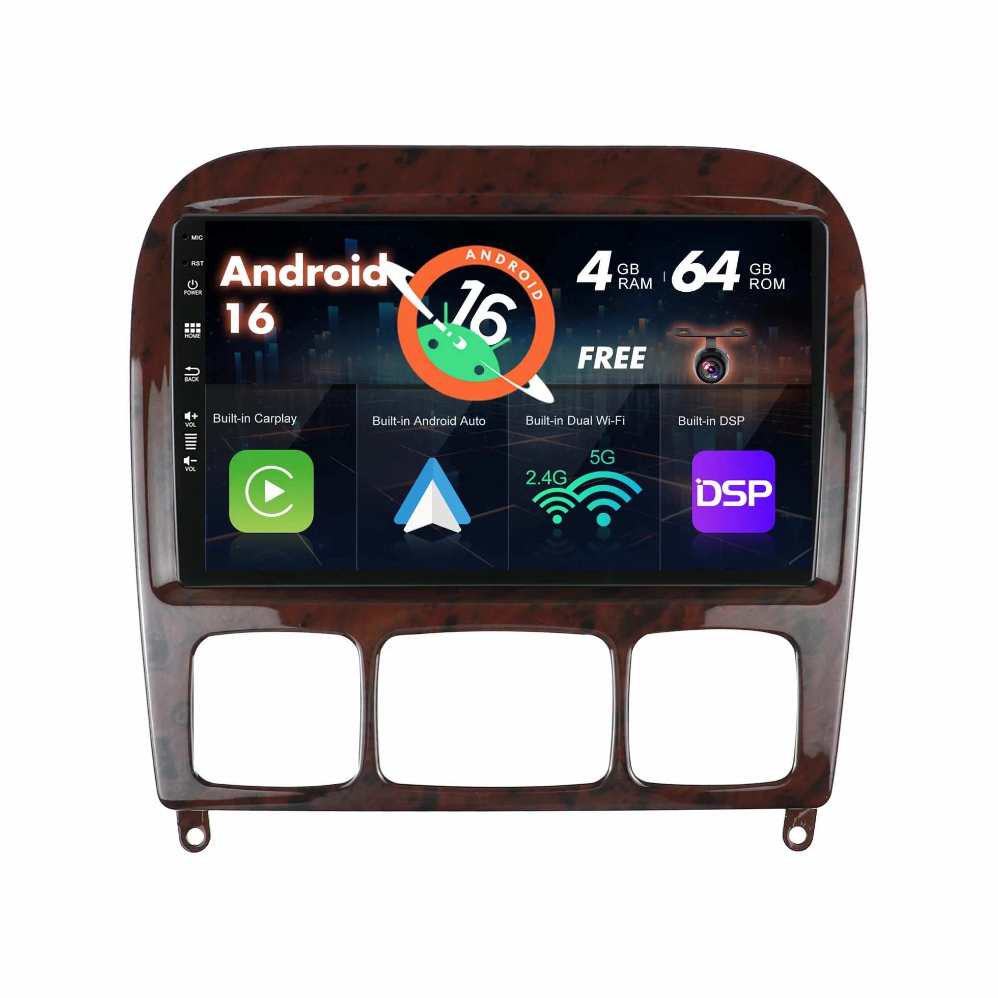 SXAUTO Android 16 Radio samochodowe do Benz S Class W220 S280 S320 S350 S400 S430 S500 S600 AMG (1999-2007) - Bezprzewodowy Carplay + Android Auto - 4G+64G - Kamera tylna - 9 cali 2 Din - Dab Volt ant