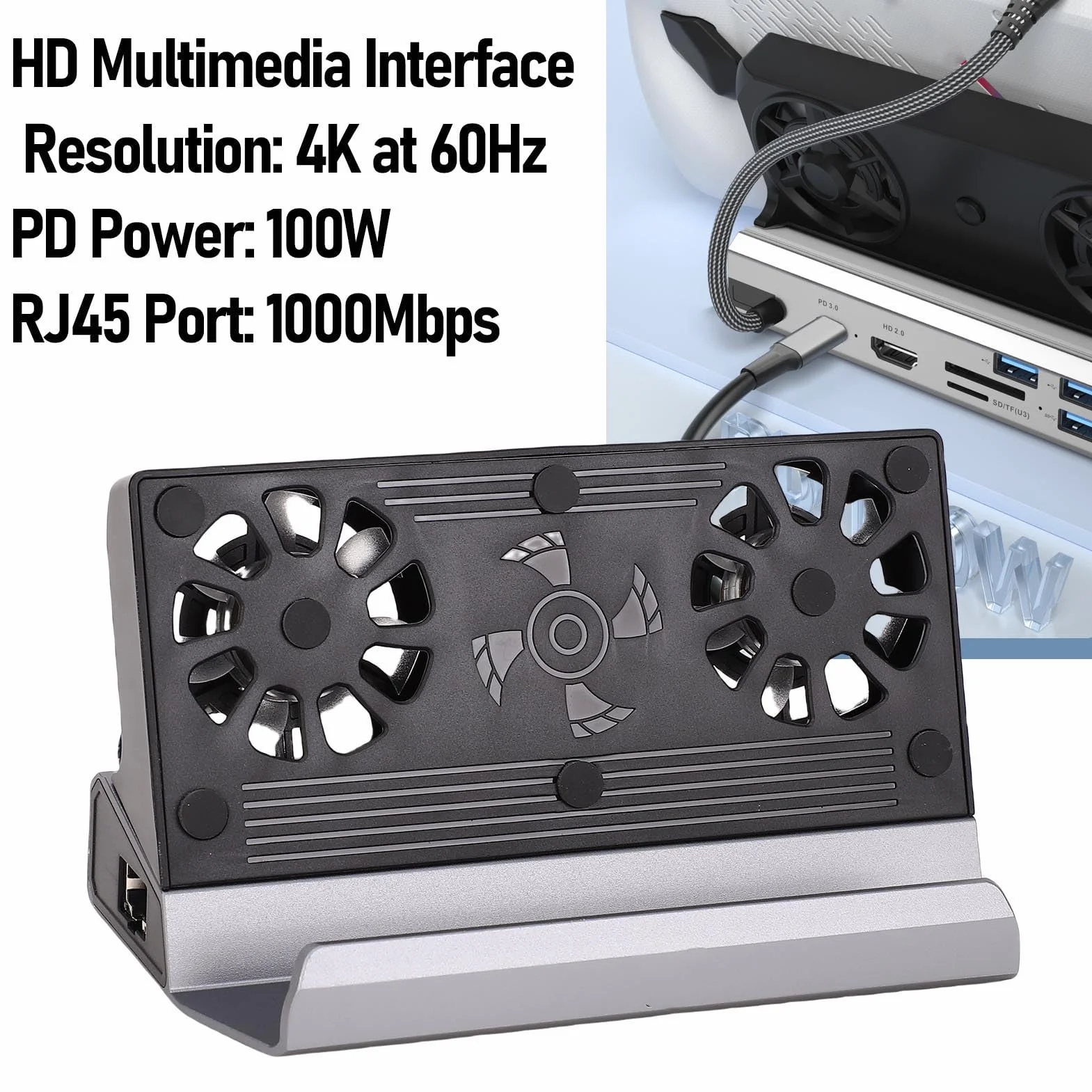 Stacja Dokująca Steam Deck, Stacja Dokująca USB C 9 W 1 z Dwoma Wentylatorami Chłodzącymi 4K 60 Hz Gigabit Ethernet 100 W PD ROG Ally, Koncentrator USB C do Steam Deck i ROG Ally