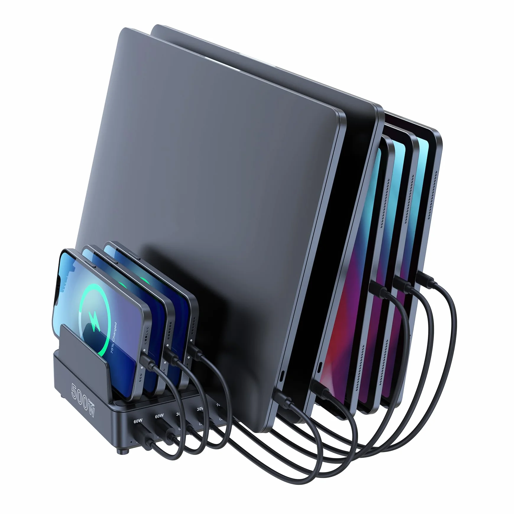 chipofy Stacja ładująca 500 W do wielu urządzeń, 10-portowa szybka stacja ładująca USB C, z organizerem do MacBooka, laptopa, iPada, iPhone'a 17, 16 Pro Max, Galaxy S25/S24 i innych
