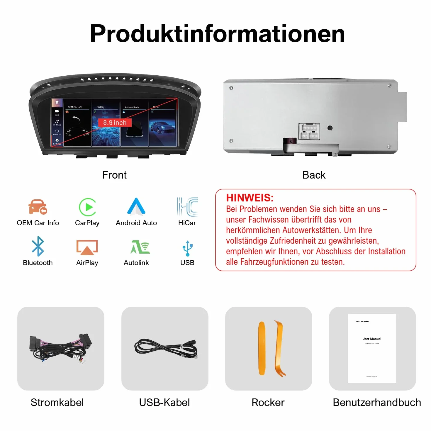 Linux Wireless CarPlay Android Auto do BMW serii 3 5 CIC System | E60 E61 E90 E91 E92 E93 2008-2013, wyświetlacz 8,8 cala, z Bluetooth, MirrorLink, kompatybilność OEM, montaż Plug & Play