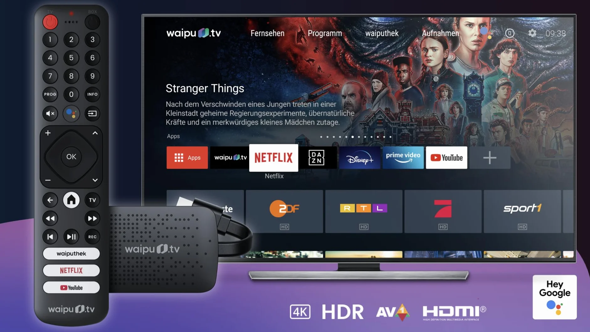 waipu.tv 4K Stick (1. generacja) | w zestawie pilot zdalnego sterowania z przyciskami szybkiego wyboru | telewizja przez Wi-Fi | HDMI | 4K | HDR | Dolby Atmos | Voucher na 3 miesiące 300 kanałów TV i