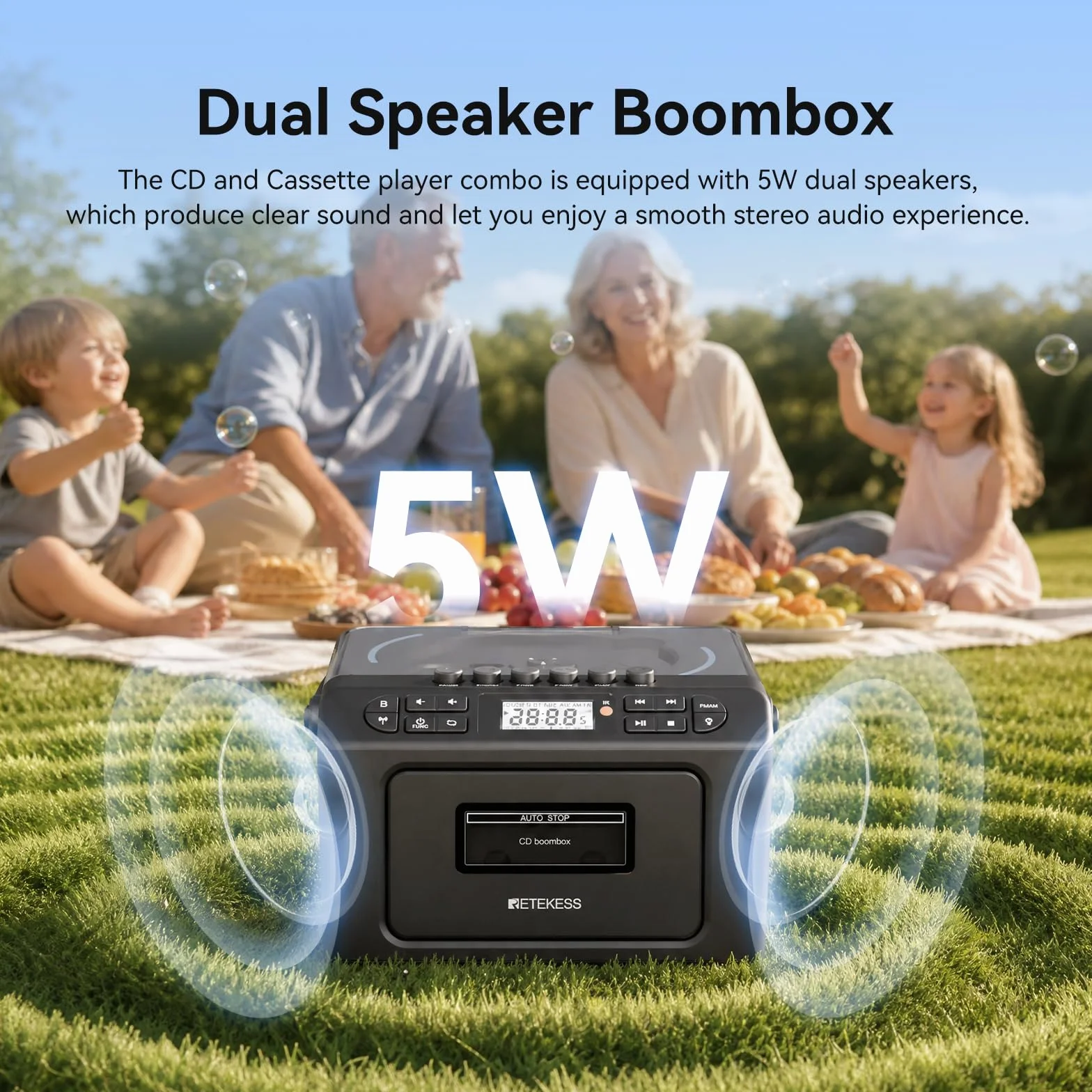 Retekess TR642 Przenośny Odtwarzacz CD Boombox | Do Rozrywki Domowej, Bezprzewodowe Połączenie, Porty USB/AUX/TF, Ładowalny Akumulator, Podświetlenie Nastrojowe, Z Pilotem