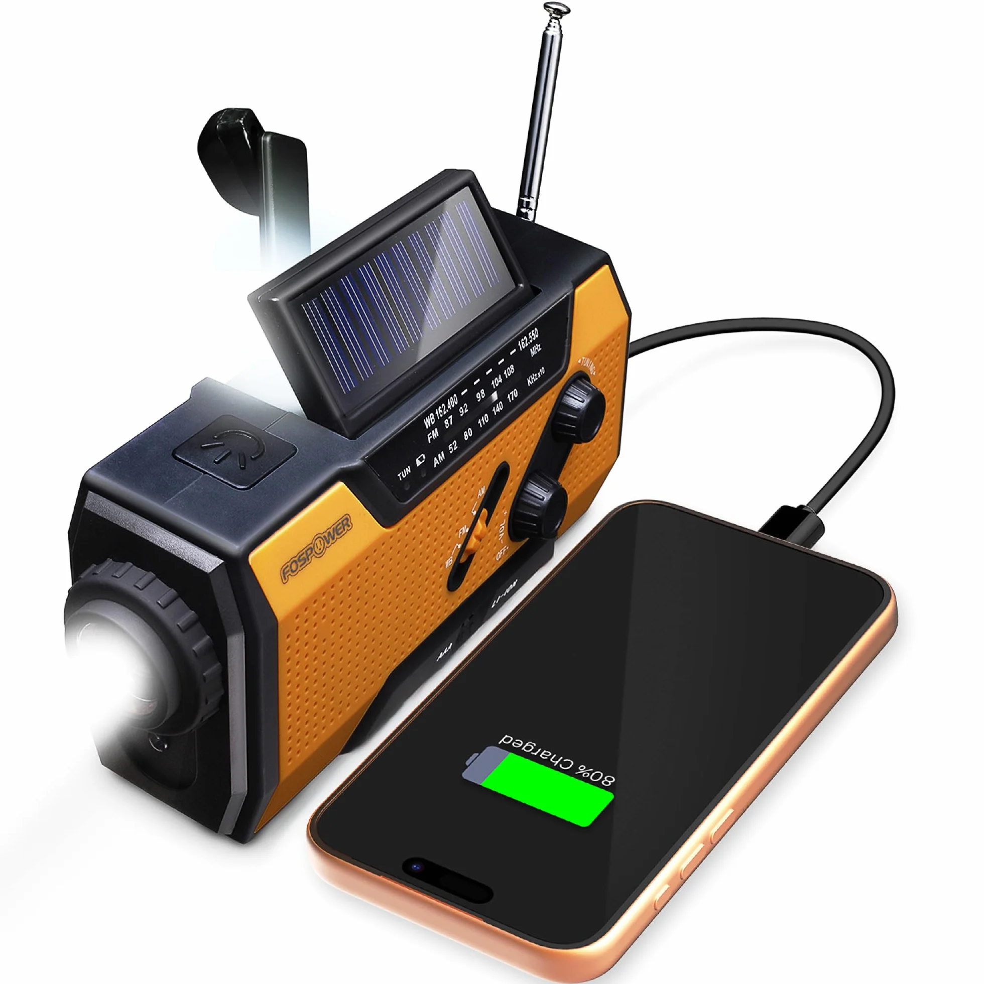 FosPower Przenośne Radio | Energia Słoneczna, Korba i Baterie | Awaryjne Radio Korbowe | 2000mAh Bateria Wewnętrzna | Latarka, SOS Alarm i Lampa Czytająca | Wędrówki, na Zewnątrz, w Nagłych Wypadkach