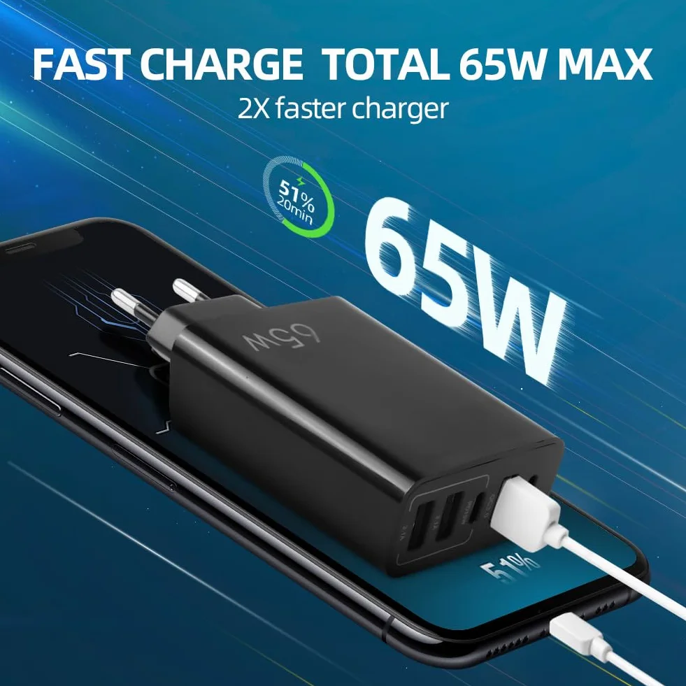AXFEE szybka ładowarka USB C 65 W 5-portowa 2 USB C 2 USB QC 3.0 czarny