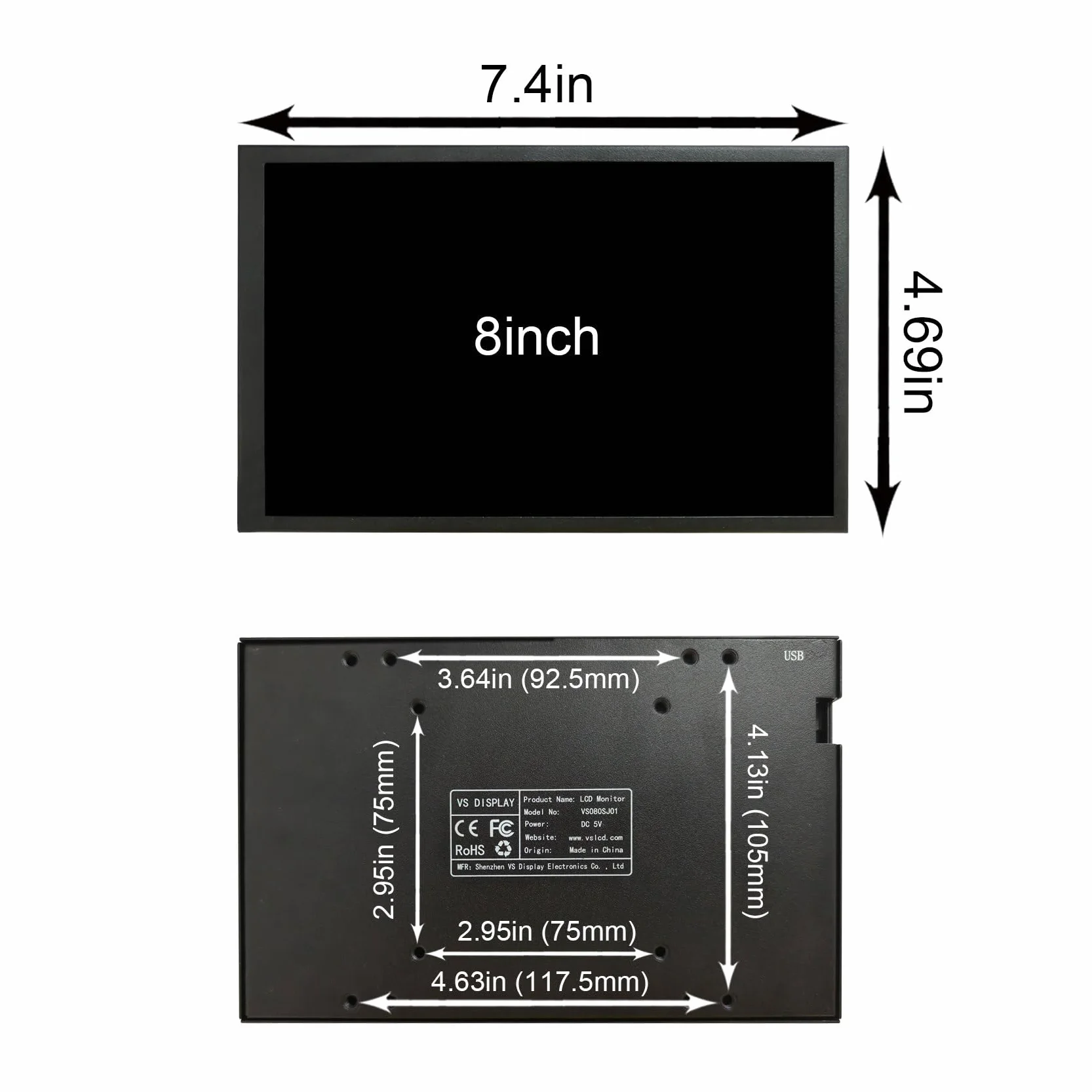 VSDISPLAY Przenośny czarny 8-calowy ekran temperatury komputera IPS | 1280x800, do PC CPU RAM HDD Data