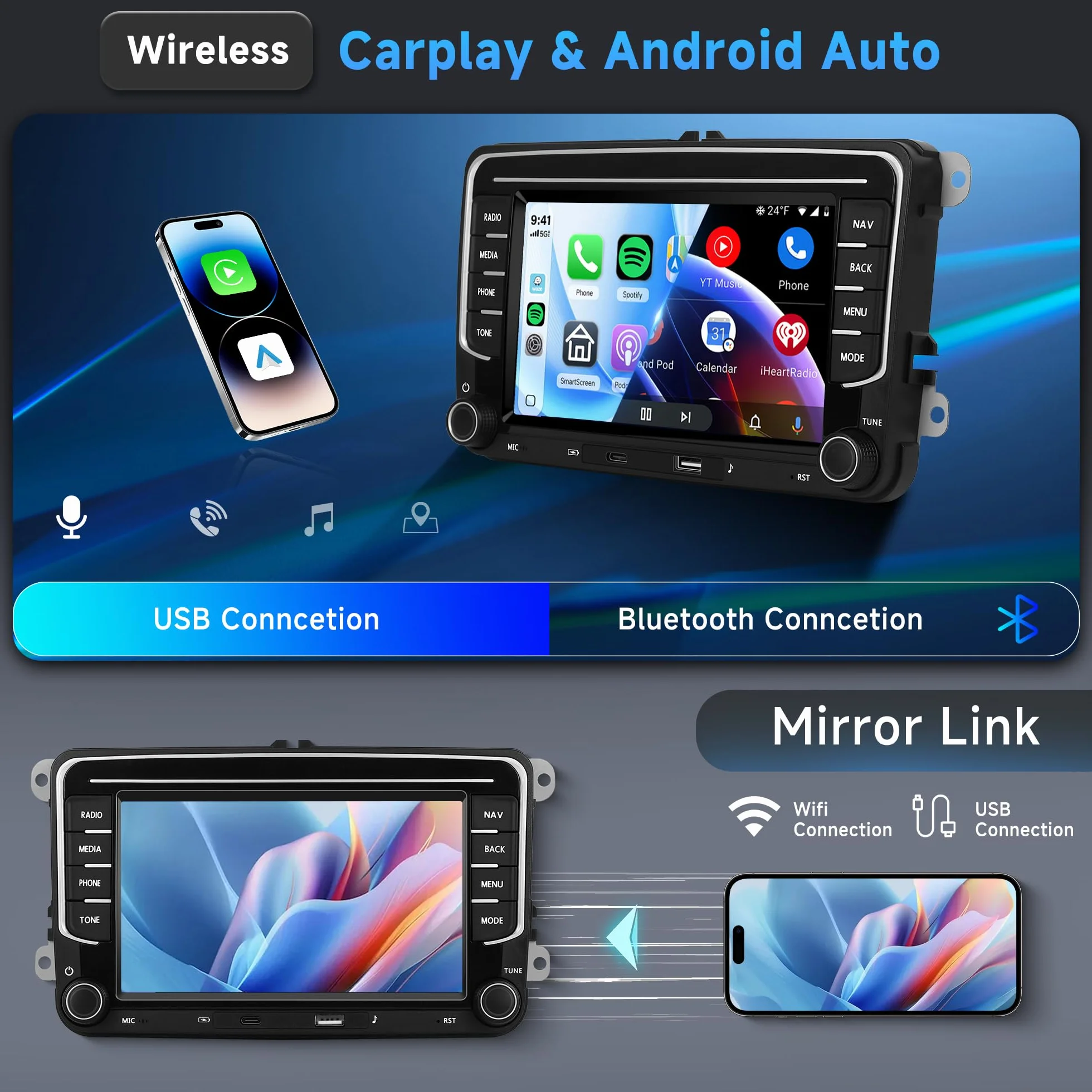 4G + 64G 7" Android radio samochodowe do VW Golf 5 6 Passat Jetta Caddy EOS T5 Tiguan Touran CC bezprzewodowe radio samochodowe do carplay radio samochodowe 2 Din z Androidem samochodem GPS Navi WiFi