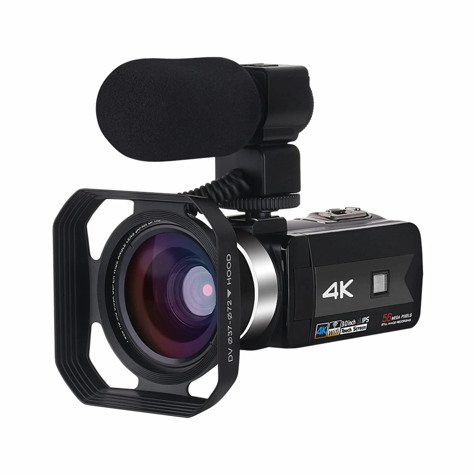 Kamera Wideo, Cyfrowa kamera wideo do nagrywania vlog 4K 56MP Ekran dotykowy vloggingowa z noktowizją HD Rejestrator Wi -Fi wbudowany w świetle wypełniającym(Standard,K1 Mic Lens Hood)