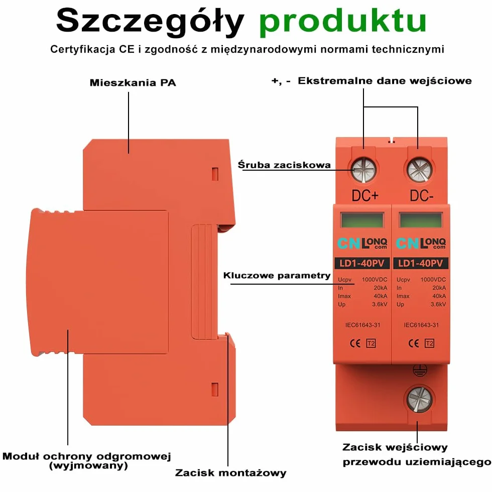 CNLonQ 2 Sztuki Solar Fotowoltaiczne urządzenie ochrony przeciwprzepięciowej Ogranicznik przepięć DC1000V 2P T2 20kA/40kA, montaż na szynie DIN 35mm