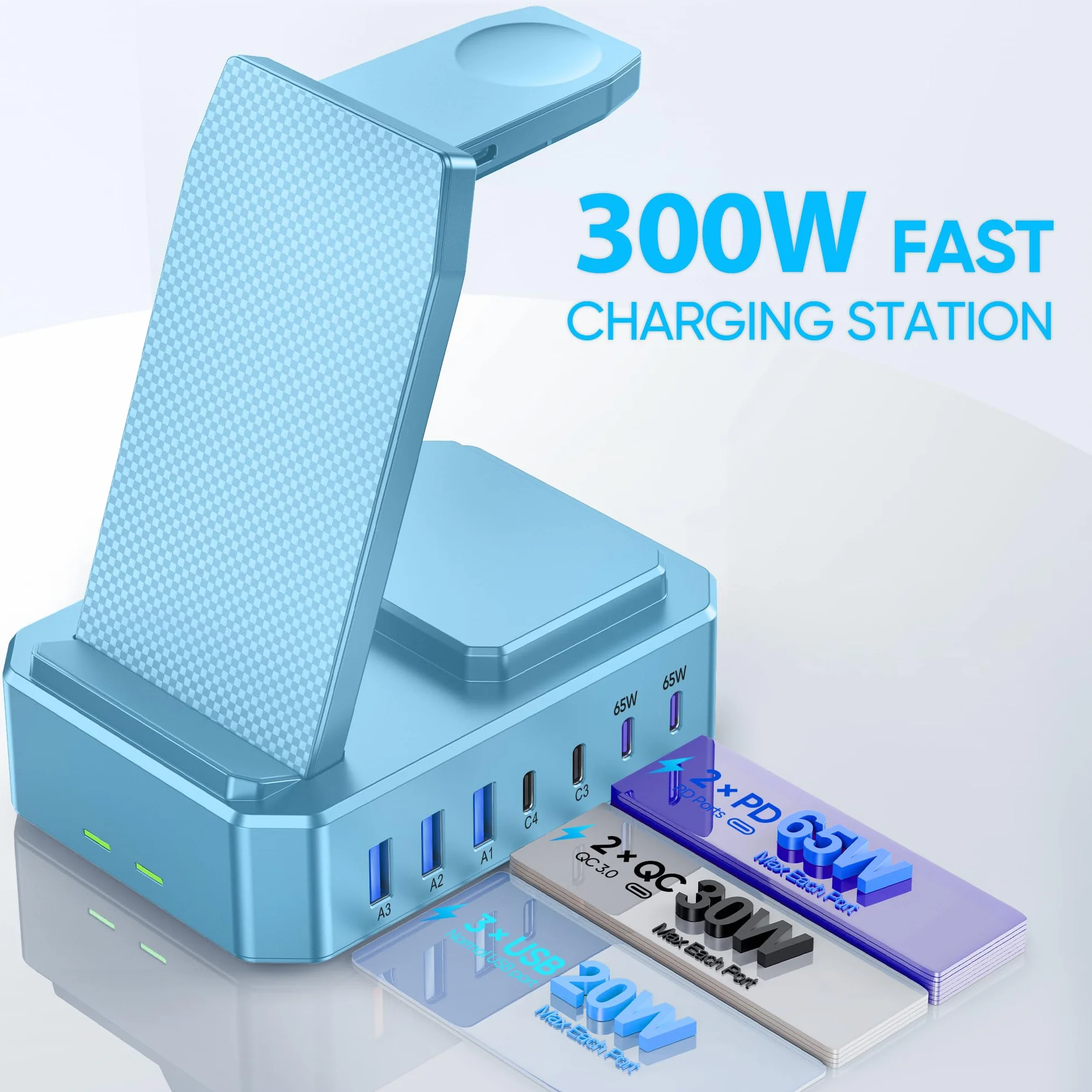 Stacja ładująca 300 W do wielu urządzeń Apple, bezprzewodowa ładowarka Zutspzss 10 w 1 do iPhone'a 16, GaN III USB C 65 W PD szybka stacja ładująca do Apple Watch i Airpods, niebieska