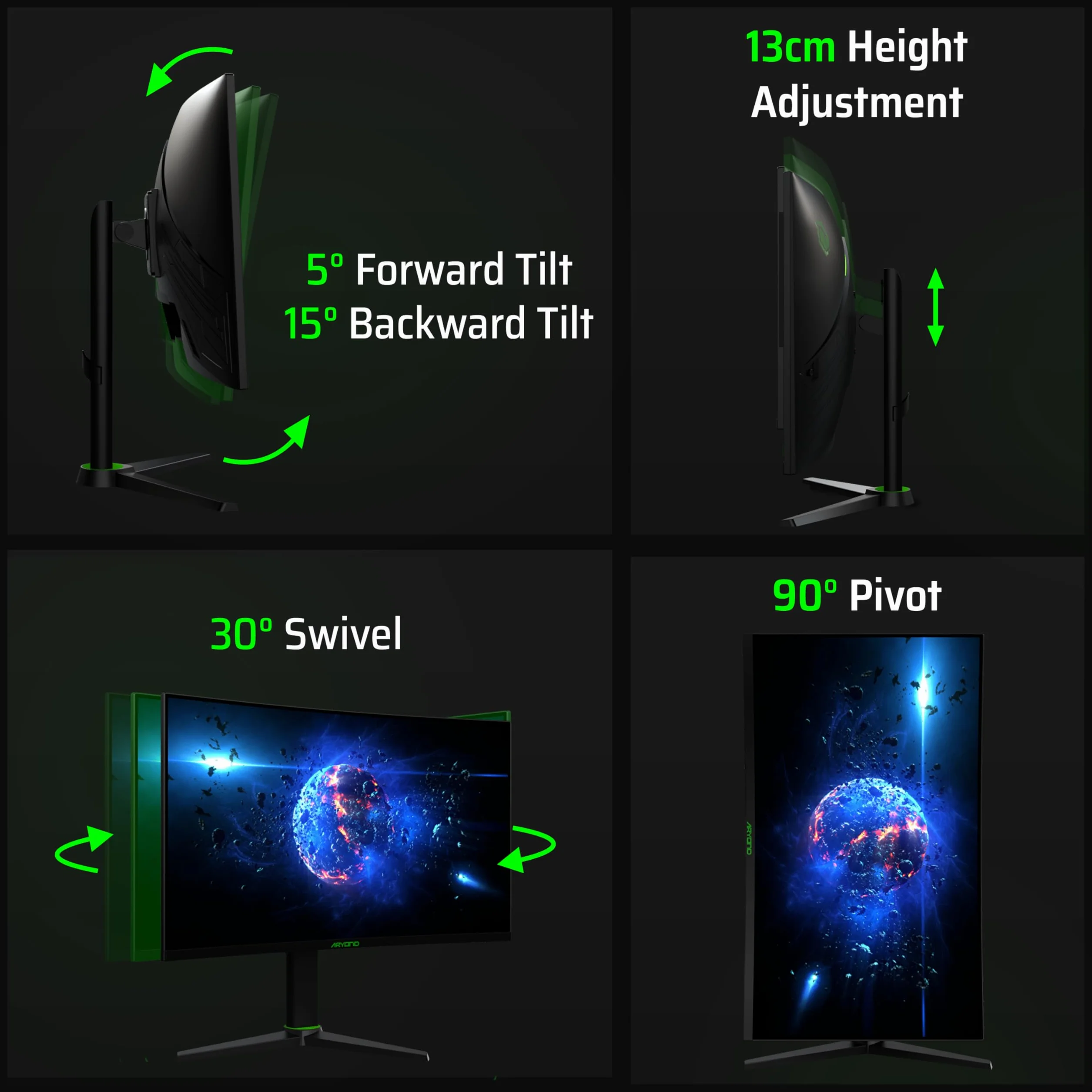Aryond Zakrzywiony monitor gamingowy A27 V2, zakrzywiony wyświetlacz QHD 27 cali 180 Hz (2560 x 1440), czas reakcji 1 ms, HDR 10, FreeSync, G Sync 119,9%, SRGB, głośniki 2 x Ω8 x 2 W, połączenie HDMI