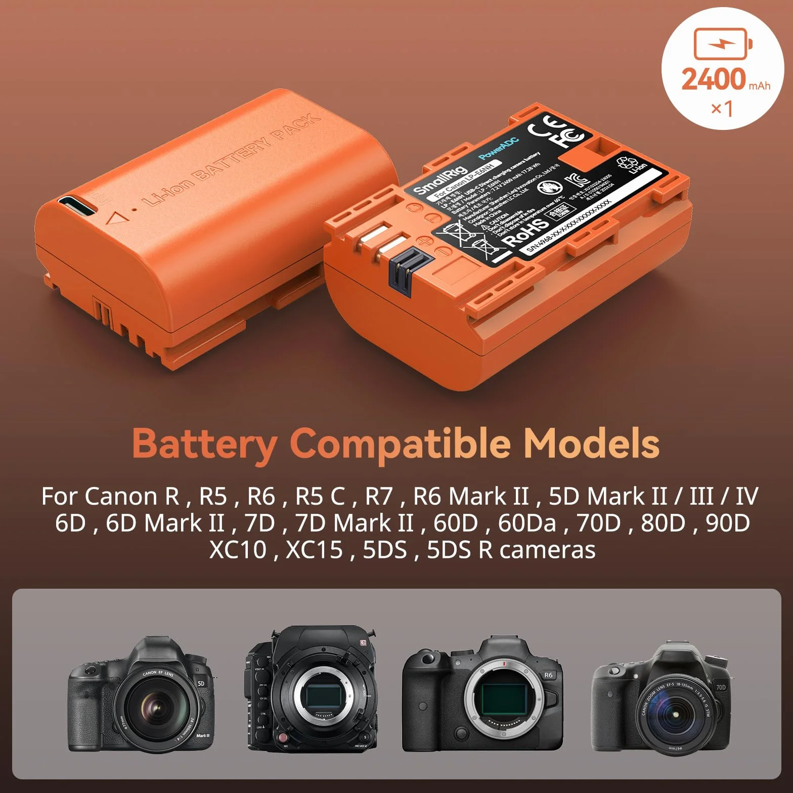 Akumulator SMALLRIG LP-E6NH 2400mAh Akumulator USB-C do aparatów Canon R5, R6, R7, 2,5H W pełni naładowany akumulator do aparatów Canon R6 Mark II, R, R5 C, 5D II/III/IV, pomarańczowy - 4968