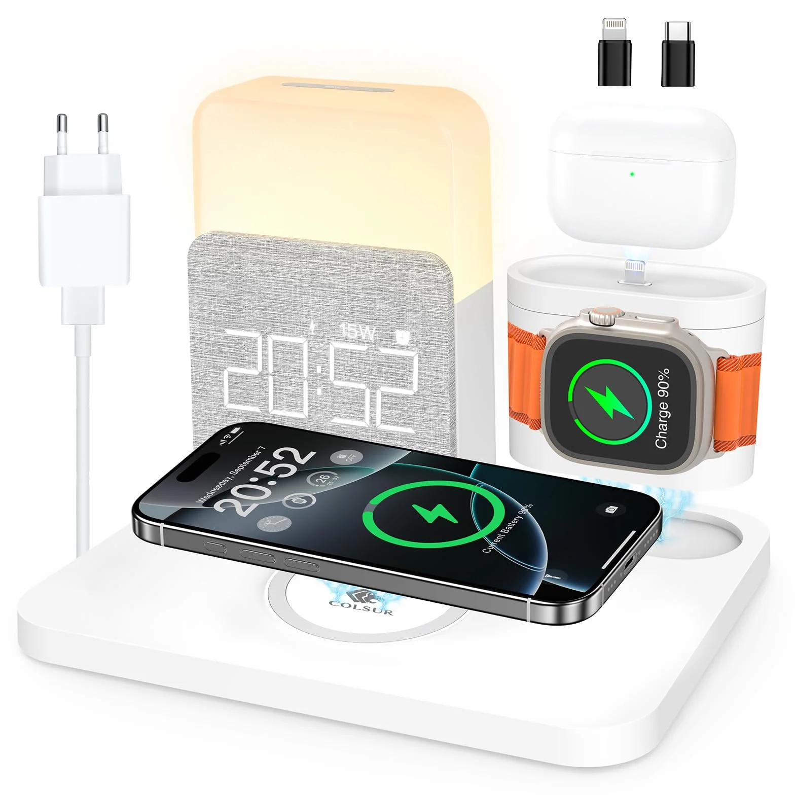 Bezprzewodowa ładowarka 5 w 1 iPhone Apple Watch AirPods szybko, stacja ładująca dla Samsung, lampka nocna nocna, światło cyfrowe budzik, bezprzewodowa ładowarka 16/15/14/13 akcesoria
