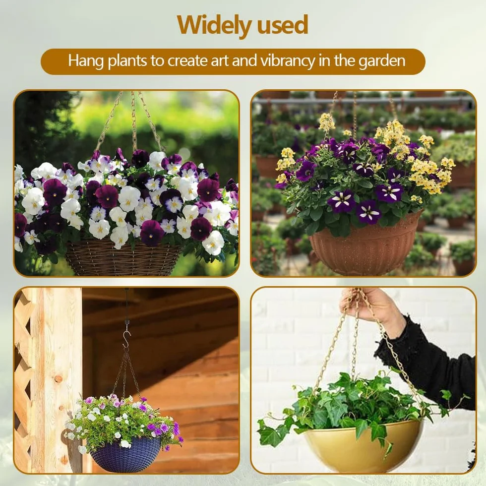 10 metalowych wiszących łańcuchów do kosza, 25 cm, do zawieszenia, z zatrzaskami i haczykami w kształcie litery S, złote, do wiszących doniczek, karmników dla ptaków, latarni, dzwonków