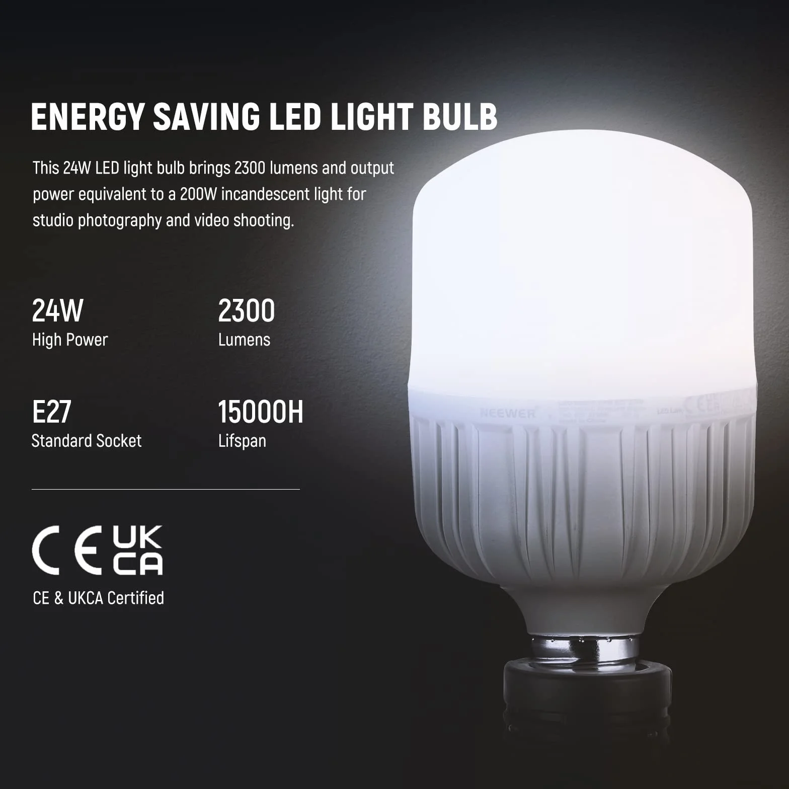 NEEWER Żarówki LED E27, 24 W, 2 sztuki, 2300 lumenów/5700 K/CRI 93+/15000 h, jasne oświetlenie do fotografii wideo, bezgłośne/bez migotania/bez możliwości ściemniania, certyfikat CE i UKCA