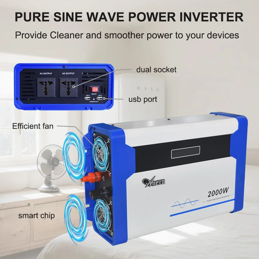 Anern Przetwornica Napięcia 1000W 12V na 220V AC, Samochodowy Falownik czysta Sinusoida, Konwerter Samochodowy z Wyświetlaczem LED i portem USB 5V Przetwornica Inwerter