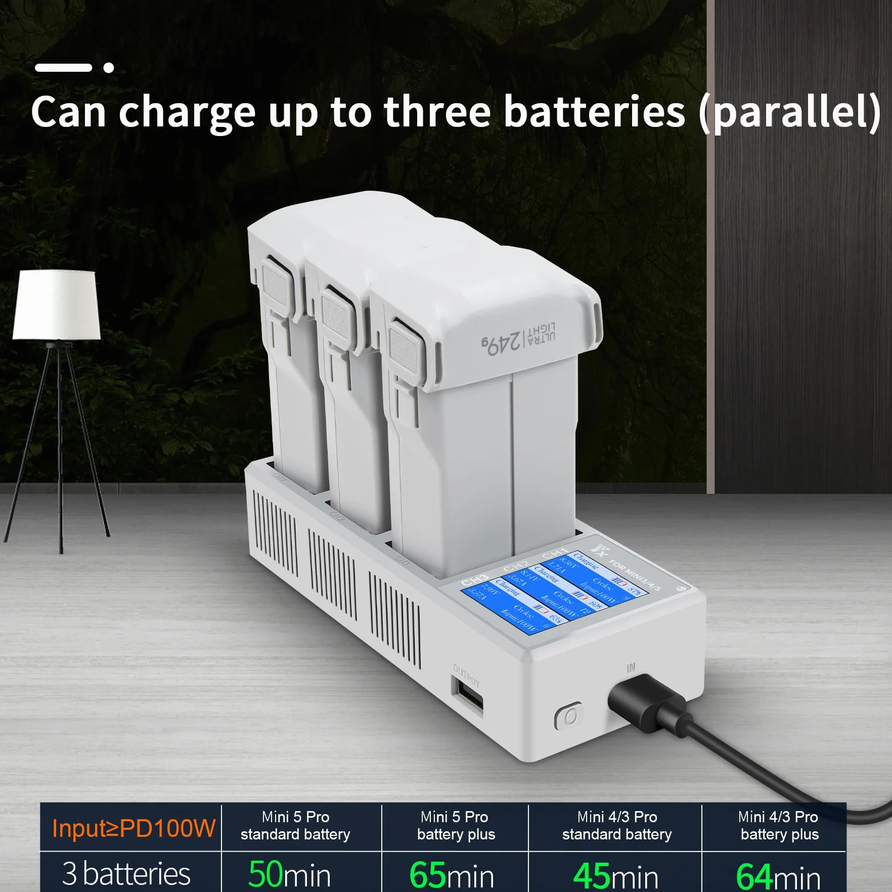 100 W wielofunkcyjna ładowarka równoległa LCD z funkcją Storage Charge, Discharge do DJI Mini 5 4 3 Pro, ładowarka do szybkiego ładowania, stacja ładująca, koncentrator ładowarki, 3 baterie