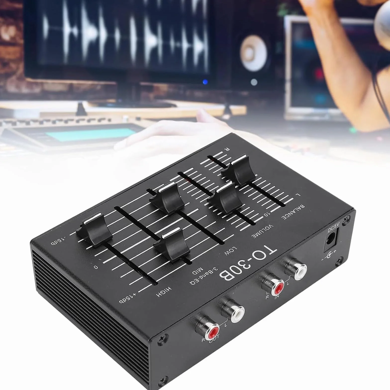 3-pasmowy korektor kanału dźwiękowego, stereofoniczny korektor, regulacja głośności wysokich, średnich i basowych, wyjścia/wejścia RCA, dla elektroniki, gramofonów i gitar.