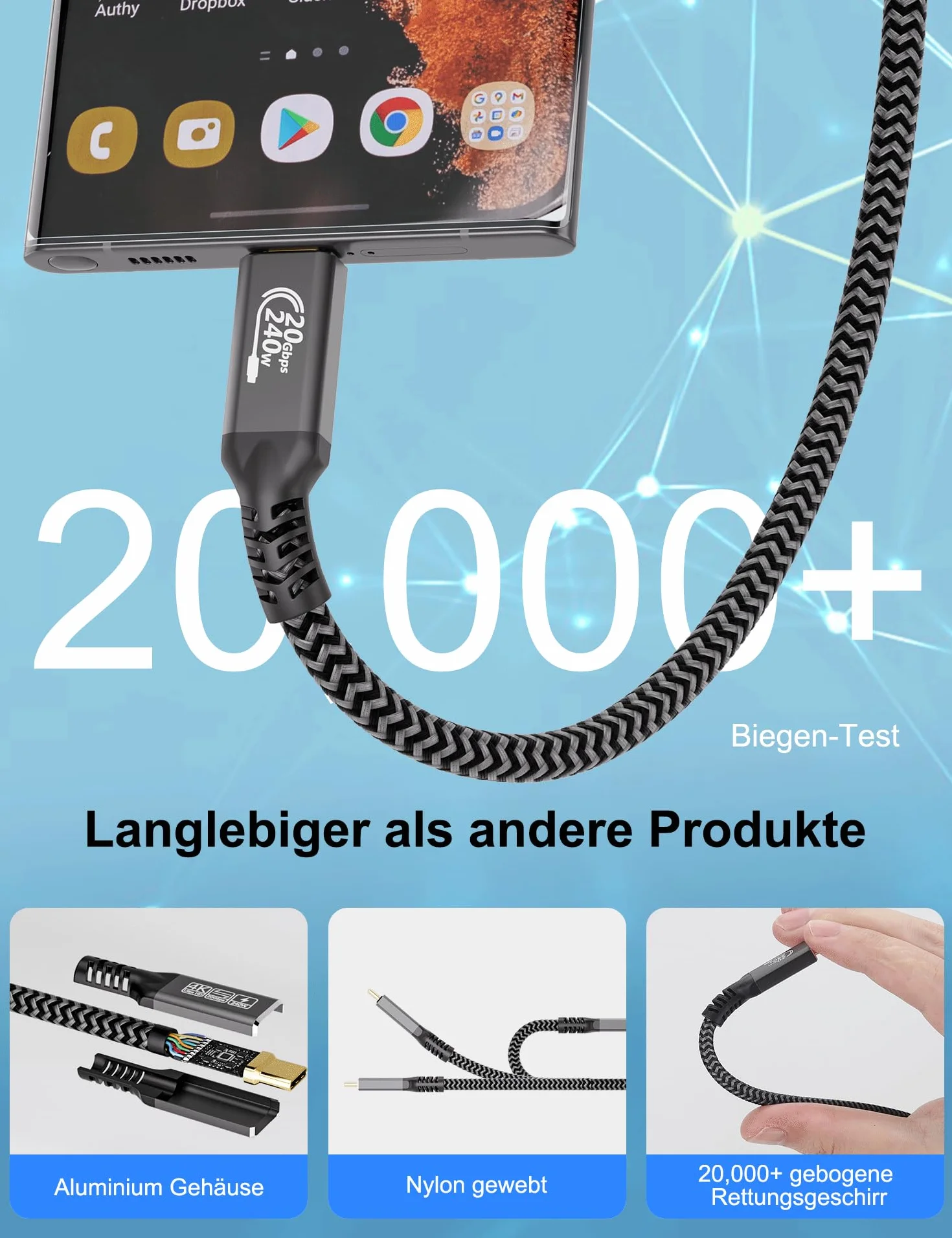 CAKOBLE Kabel USB C 5 m, [2 sztuki 5 m], kabel USB 3.2, 20 Gb/s, kabel USB C do szybkiego ładowania, PD 3.1, 240 W, wideo 4K 144 Hz, wideo do koncentratora, stacji dokującej, M3, SSD, eGPU, laptopów