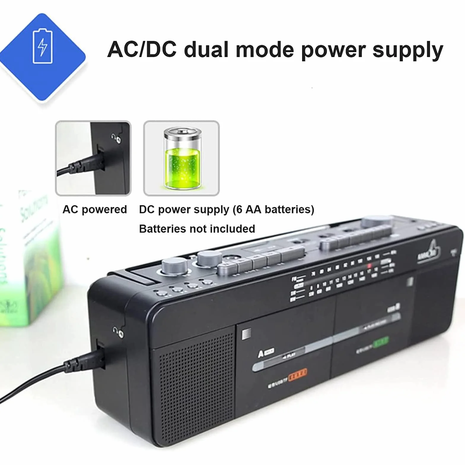 Nagrywarka kasetowa Boombox - radio AM/FM, odtwarzacz z podwójną taśmą, odtwarzanie dysków MP3/U i kart TF, nagrywanie i transkrypcja jednym kliknięciem, klasyczny design