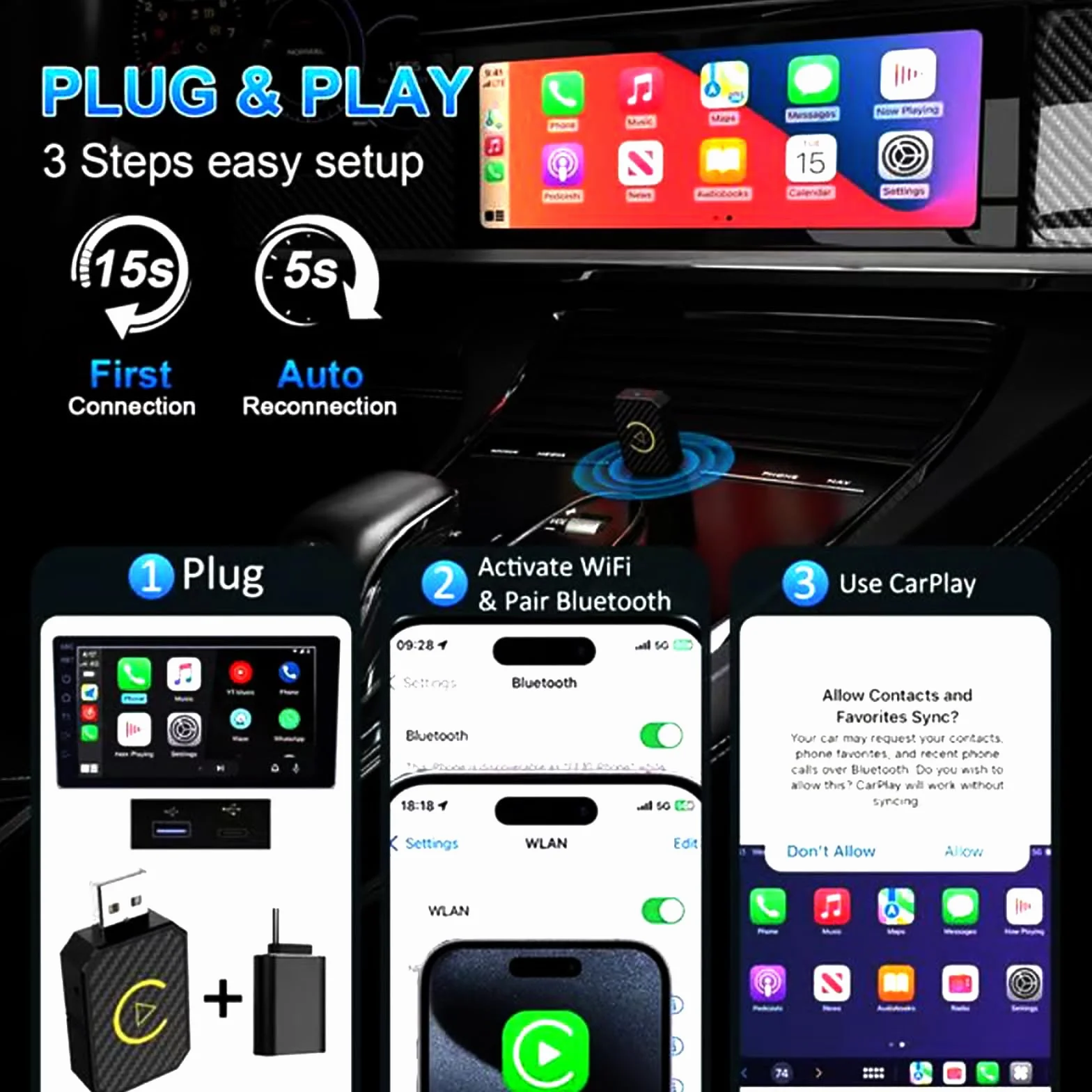 Bezprzewodowy adapter Carplay, 2025 Upgrade bezprzewodowy adapter Android Auto, 2 w 1 bezprzewodowy auto stick Carplay Kompatybilny, Plug & Play, Kompatybilny z samochodami od 2016 i iOS 10+