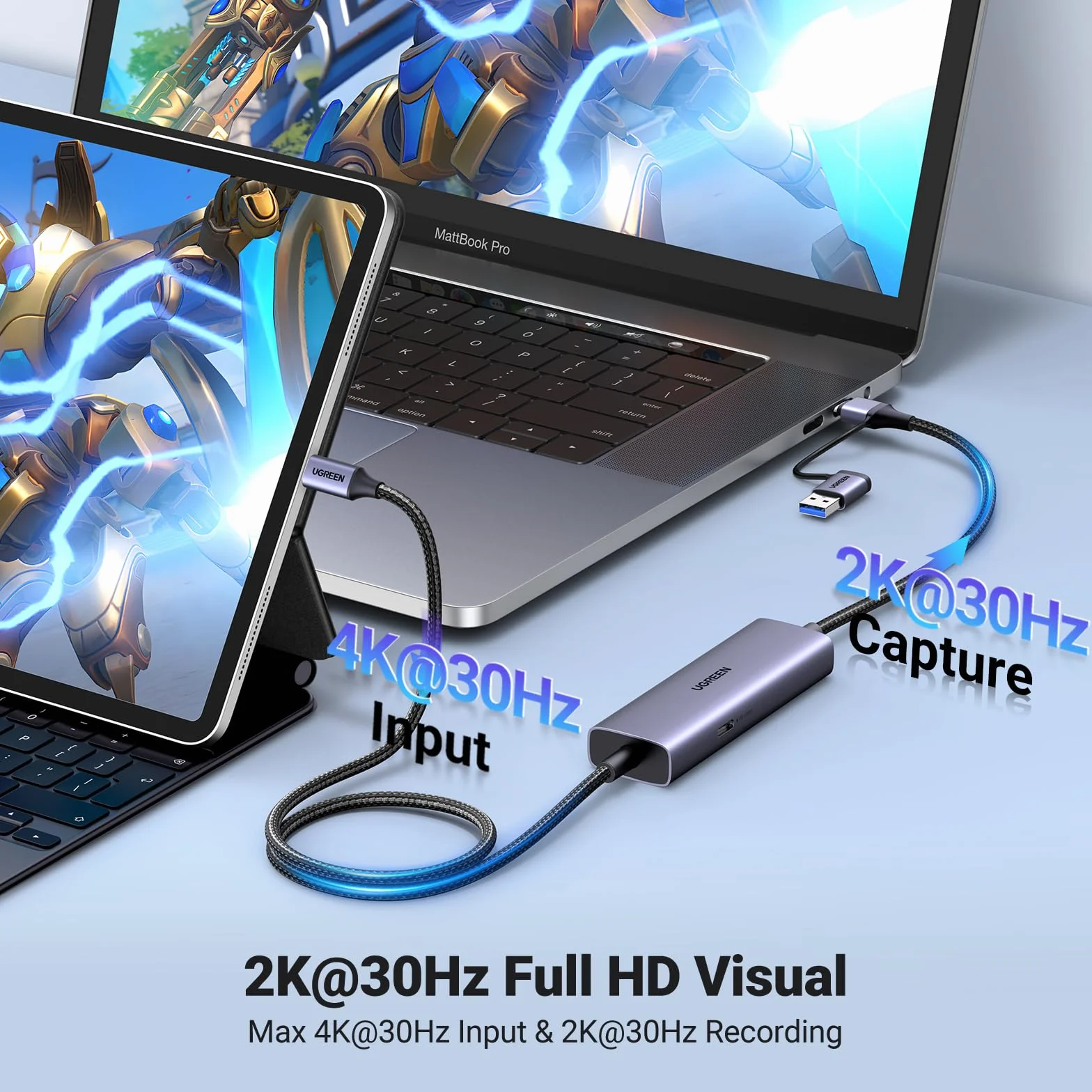 UGREEN 4K Video Capture Card and PD 100W Charging, USB-A/USB C Video Capture Card do nagrywania Full HD 4K, 2K@30Hz i szybkiego ładowania, urządzenie do przechwytywania wideo dla Switch/Phone/PC