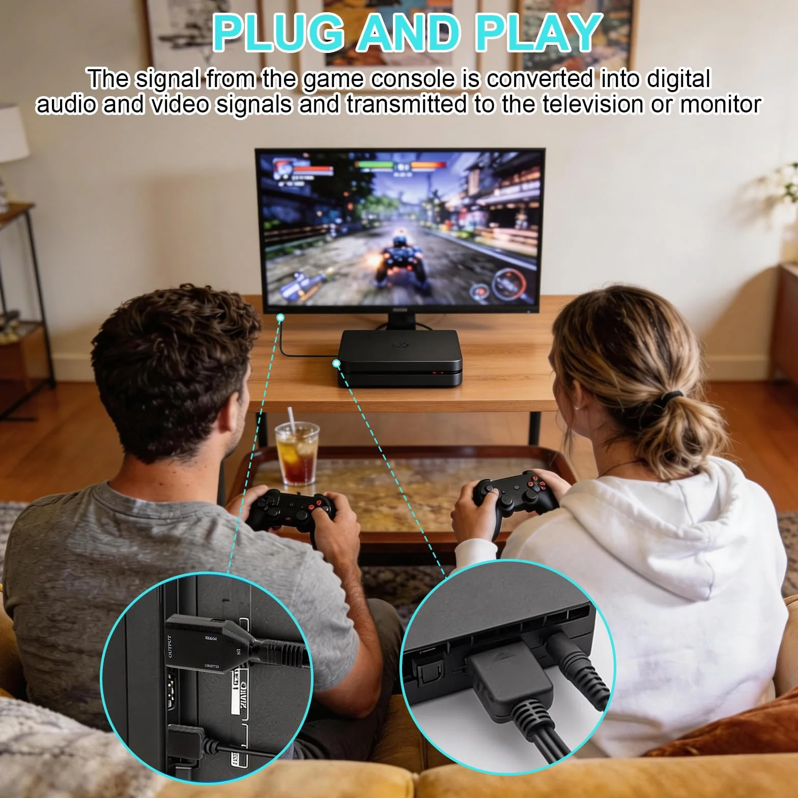 HENGBIRD Adapter PS1/PS2 na HDMI 1080P z kablem AV 1 m, 720P 1080P HD Link kabel wideo konsola audio konwerter wideo, Plug and Play, zasilanie micro USB, do TV i konsoli do gier