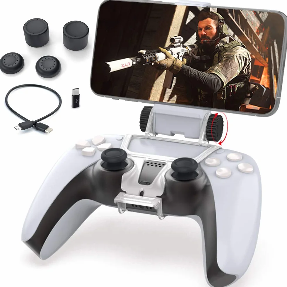 Megadream Gaming Mount Clip dla PS5 Kontroler Telefonu, Stojak dla PlayStation 5 Controller z PS Remote Play, Kabel OTG, 4 Grip Caps, Type C Converter