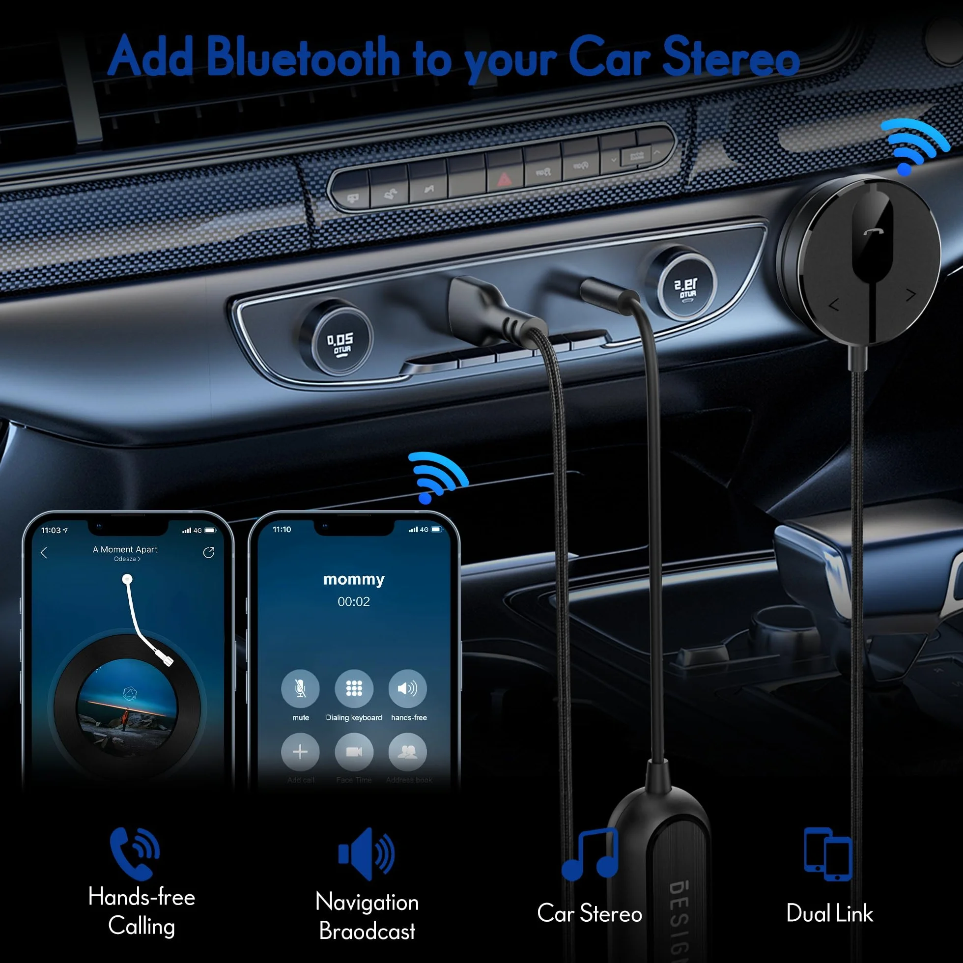 BESIGN BK01 Odbiornik samochodowy Bluetooth z filtrem szumów z pętlą uziemienia do samochodu z gniazdem Aux 3,5 mm