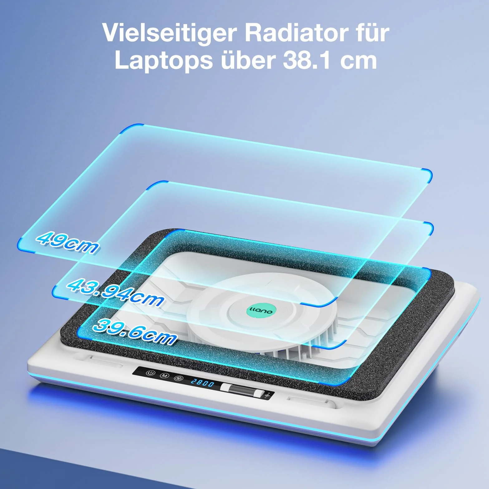 Chłodnica do laptopa z RGB 14 cm bardzo duży wentylator turbo, regulowana prędkość, pianka uszczelniająca, 3-portowy koncentrator USB do laptopów 39,6 cm