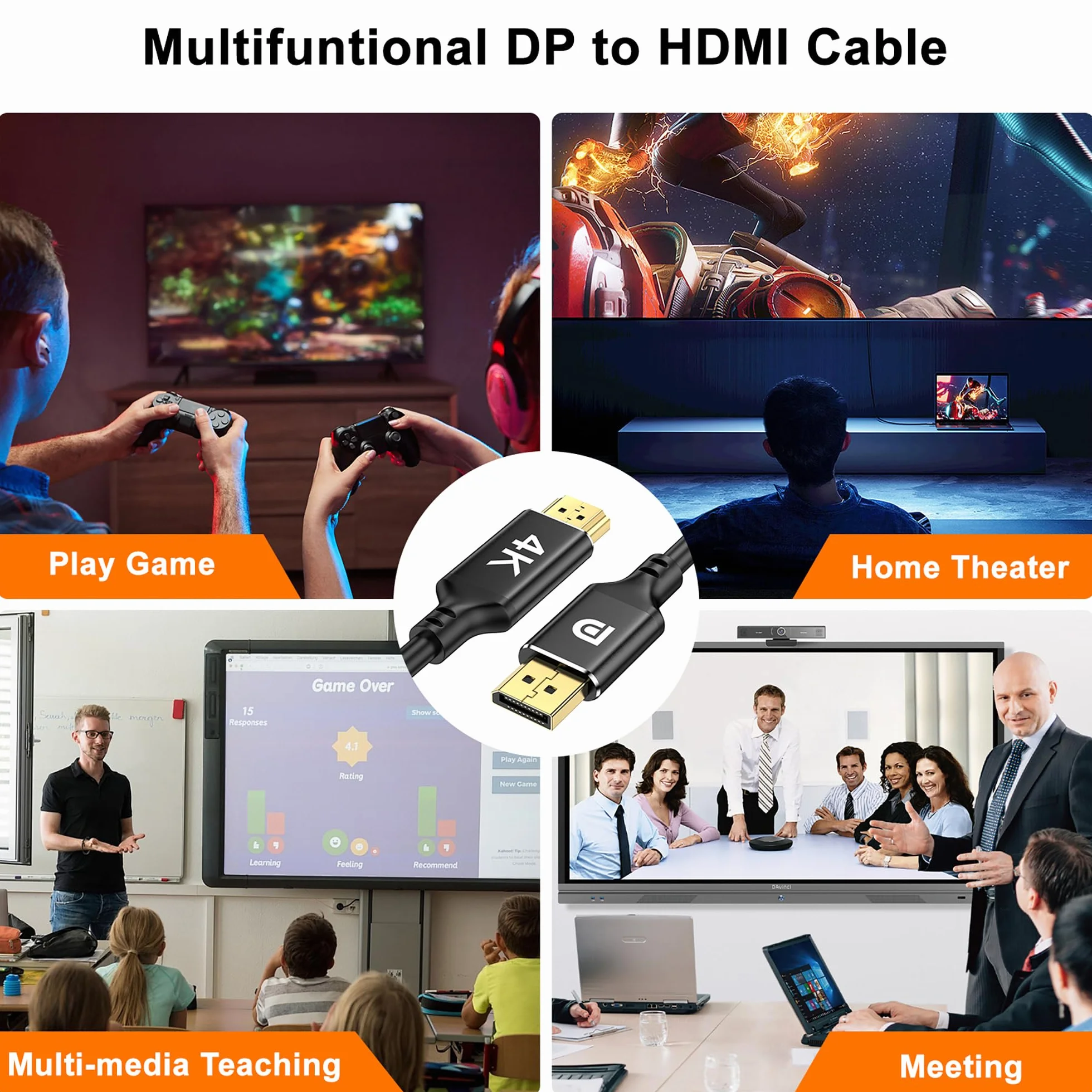 Pozłacany kabel 4K DisplayPort na HDMI, 3 sztuki, 4K przy 30 Hz, 2K przy 60 Hz, 1080P Full HD, jednokierunkowy kabel DP 1.2 do HDMI 1.4, kompatybilny z NVIDIA, AMD, HP, monitorem, komputerem