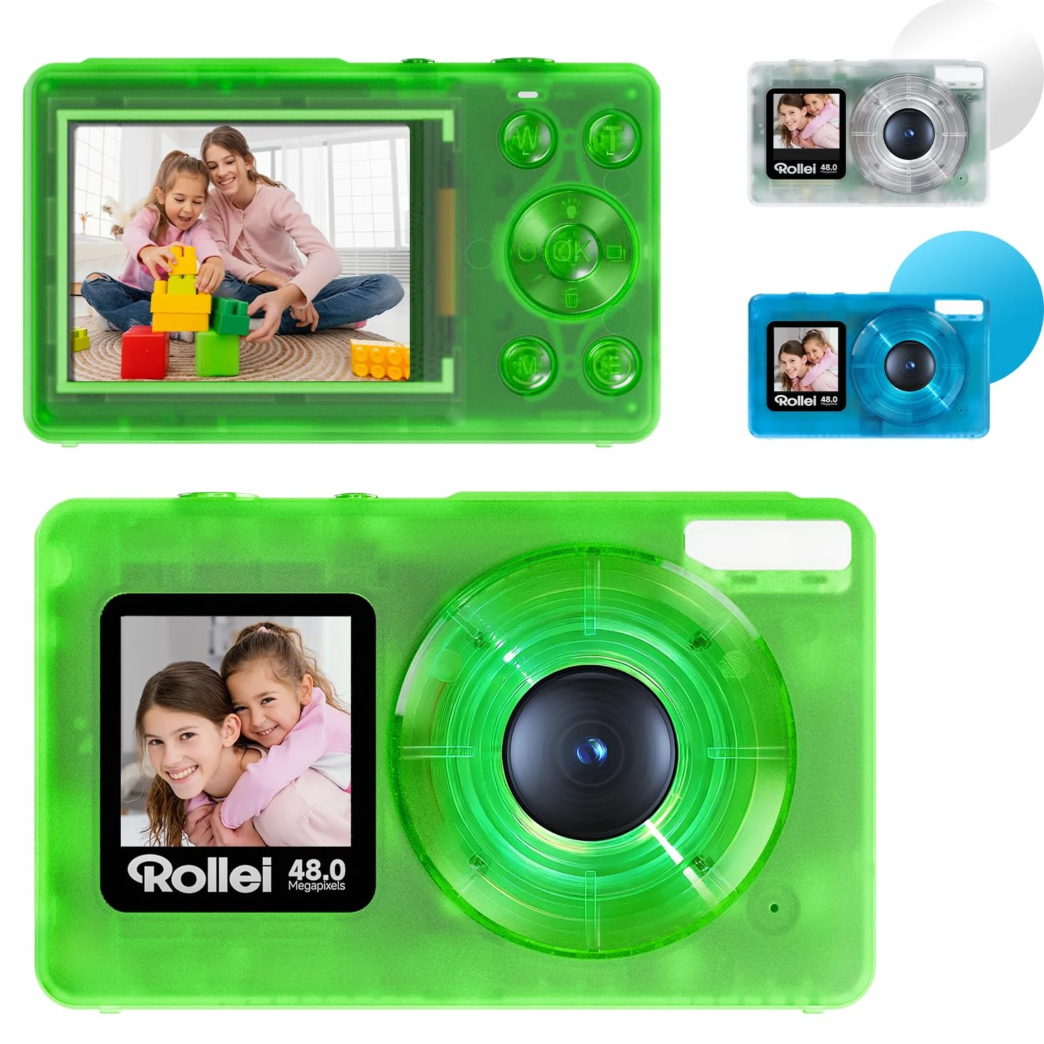 Rollei Compactline Pocket Aparat cyfrowy Przezroczysty zielony Aparat 4K 48 MP z podwójnym ekranem 18-krotny cyfrowy zoom kompaktowy aparat dla dzieci początkujących, aparat cyfrowy