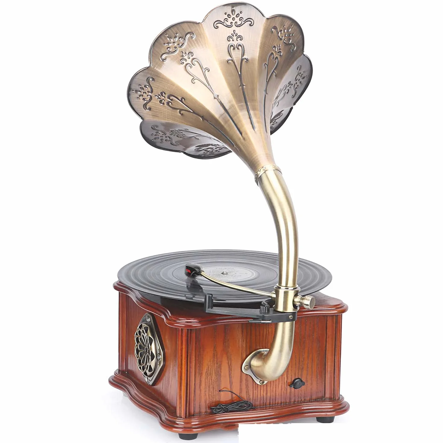 Vintage gramofon - Bluetooth, USB, radio FM, miedziany róg do odtwarzania płyt LP