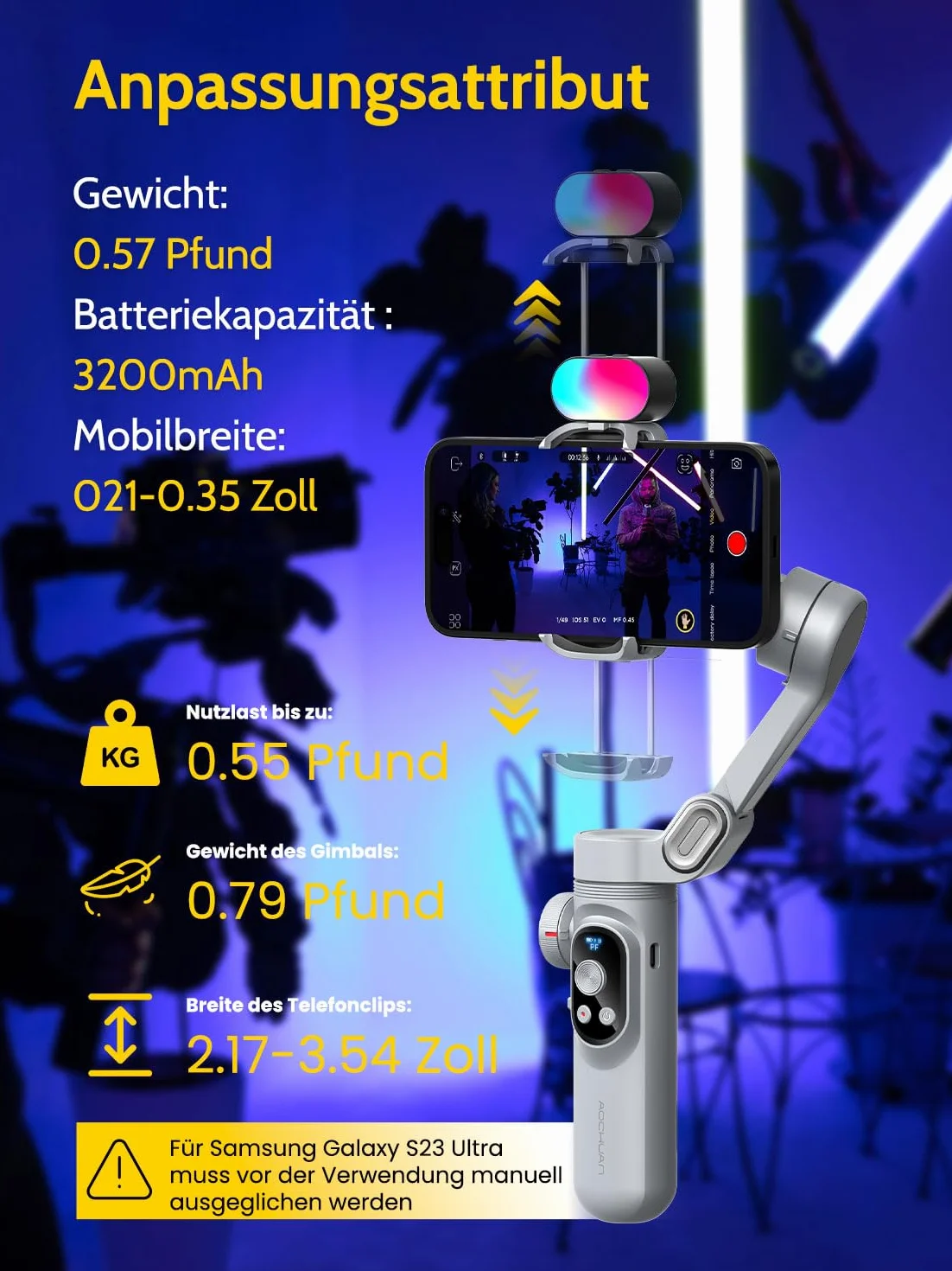 Stabilizator gimbala do smartfona, zestaw magnetycznych świateł uzupełniających RGB, wyświetlacz OLED, koło ostrości światła, profesjonalny 3-osiowy stabilizator do Androida i iPhone'a, zestaw AOCHUAN