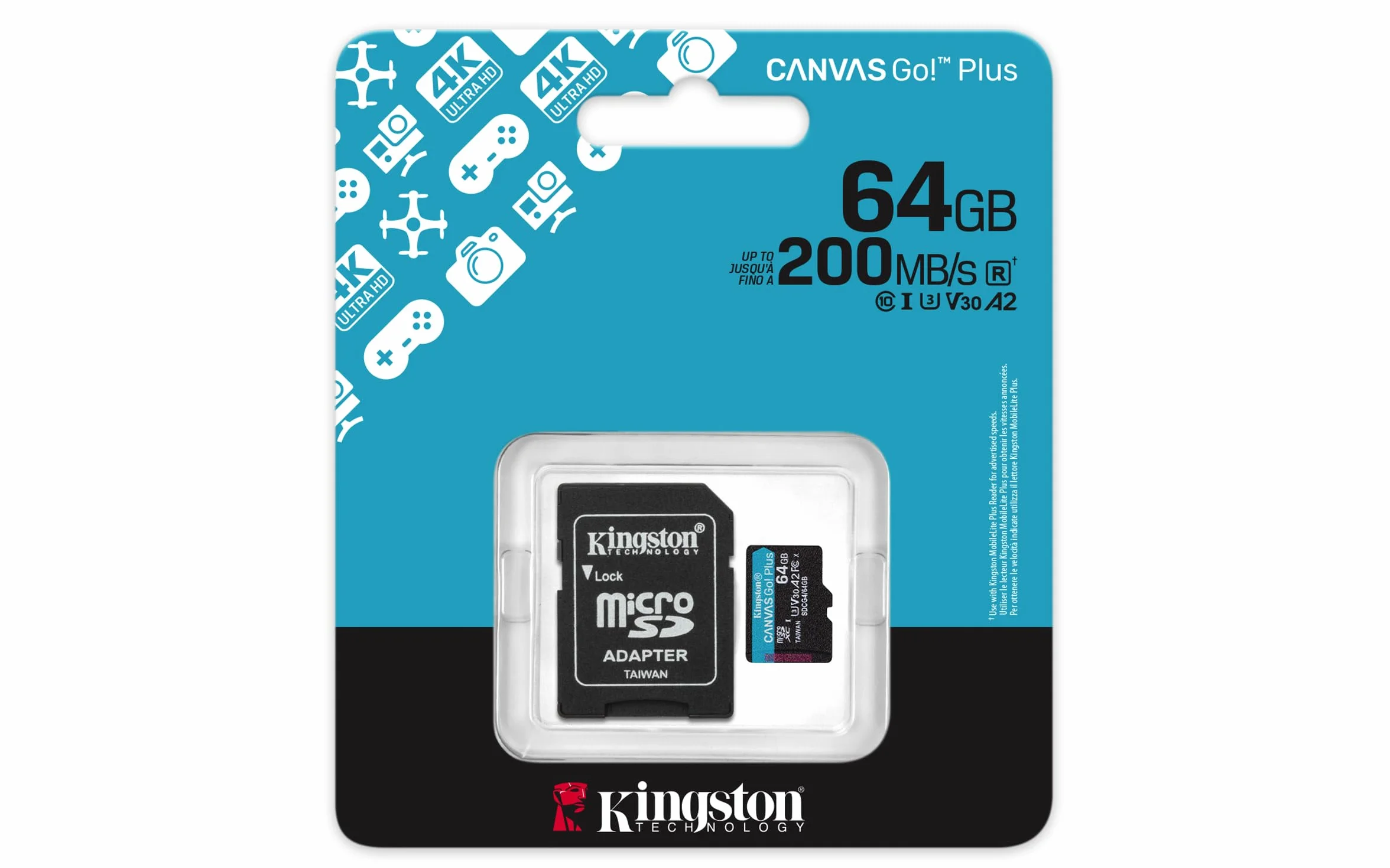 Kingston Canvas Go Plus karta pamięci microSDXC Gen4 200 MB/s A2 U3 V30 64 GB karta + adapter-SDCG4/64GB