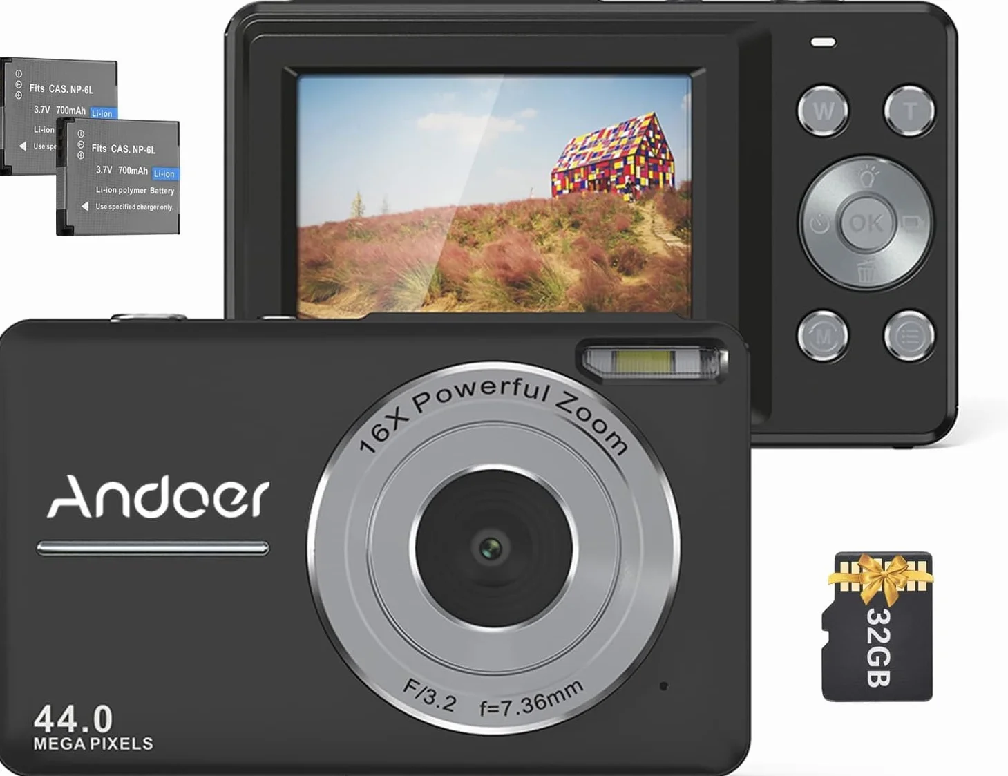 Andoer Aparat cyfrowy z 2 bateriami do wielokrotnego ładowania, karta pamięci 32 GB, 1080p, 44 m, HD, 16-krotny zoom cyfrowy, ochrona przed wstrząsami, automatyczne ustawianie ostrości, ekran 2,5 IPS