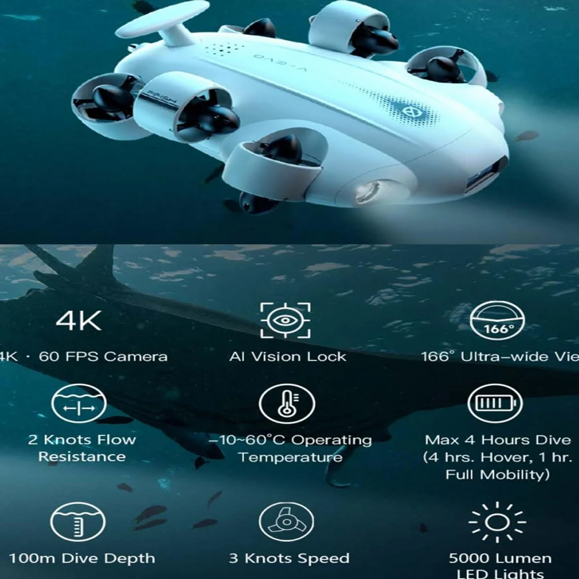 FIFISH V-EVO Podwodny dron 4K z ramieniem robota blokada wzroku AI 360° ruch wielokierunkowy 100 m nurkowanie podwodne ROV