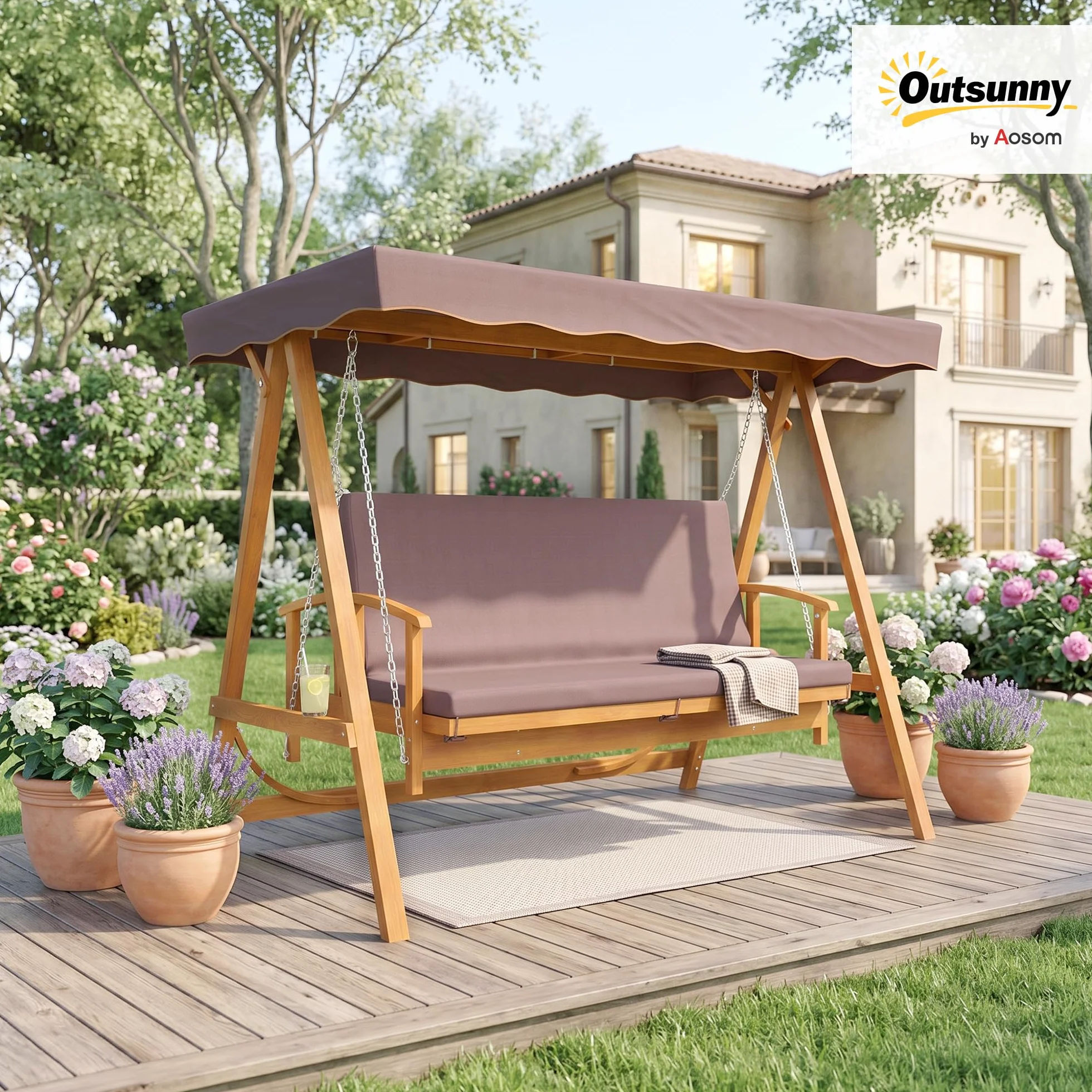 Outsunny Huśtawka ogrodowa 2 w 1 z funkcją leżenia, 3-osobowa huśtawka ogrodowa z drewna, drewniana huśtawka z daszkiem przeciwsłonecznym, nakładka na siedzisko, do 330 kg, do ogrodu, na taras, 236 x