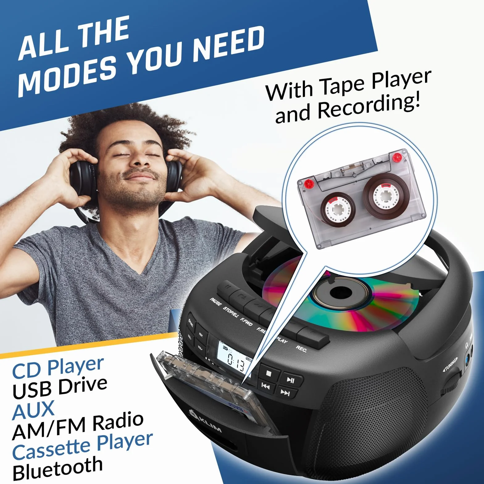 KLIM Odtwarzacz CD i magnetofon z obudową, AM/FM Radio CD, Bluetooth, Stereo, Pilot zdalnego sterowania, Nagrywanie kaset, USB, AUX