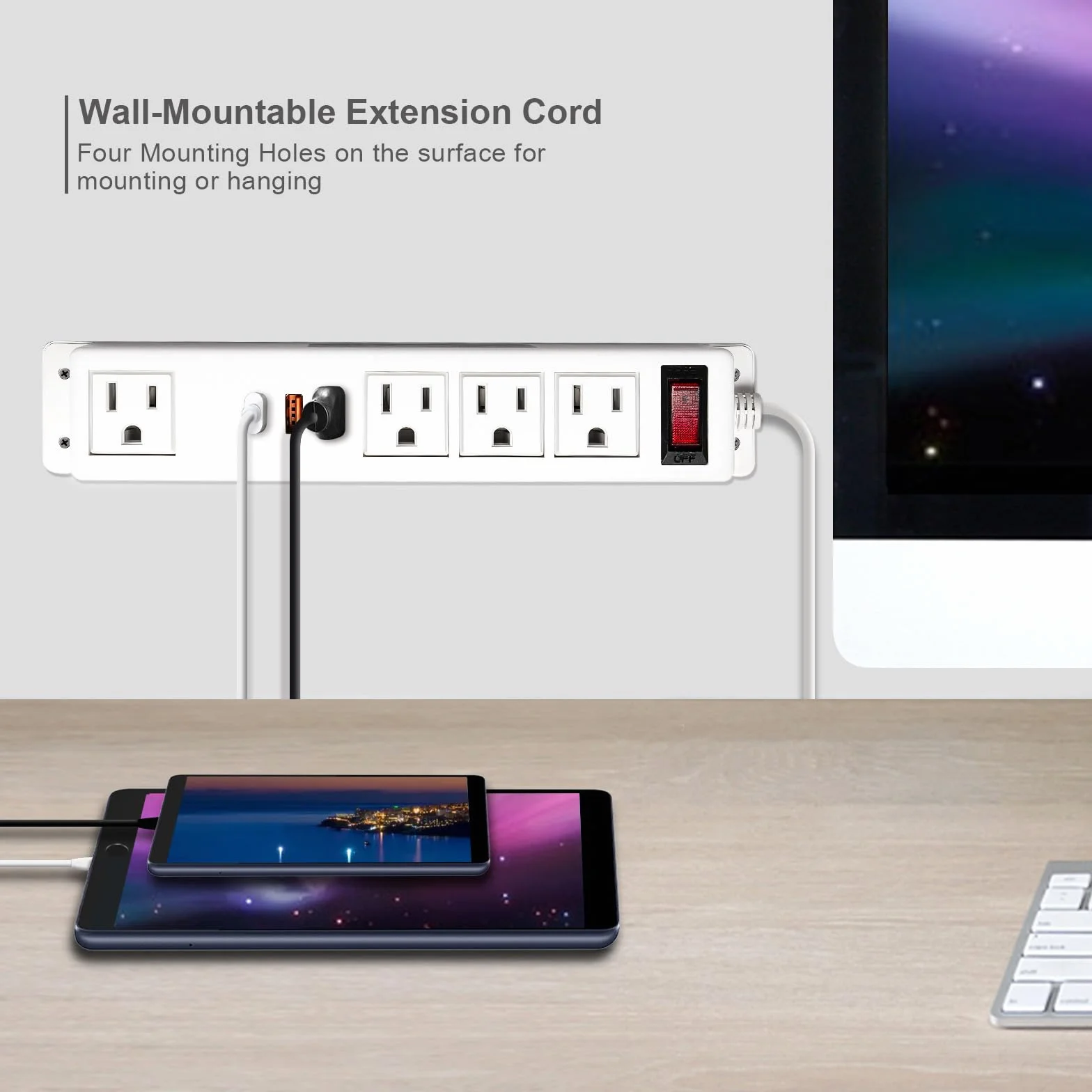 20 W USB C Multi Outlet Wall Mount Computer Extension Cord 4 Outlets, 3 porty USB (2 QC USB-A i 1 PD USB-C) płaskie porty domowe,