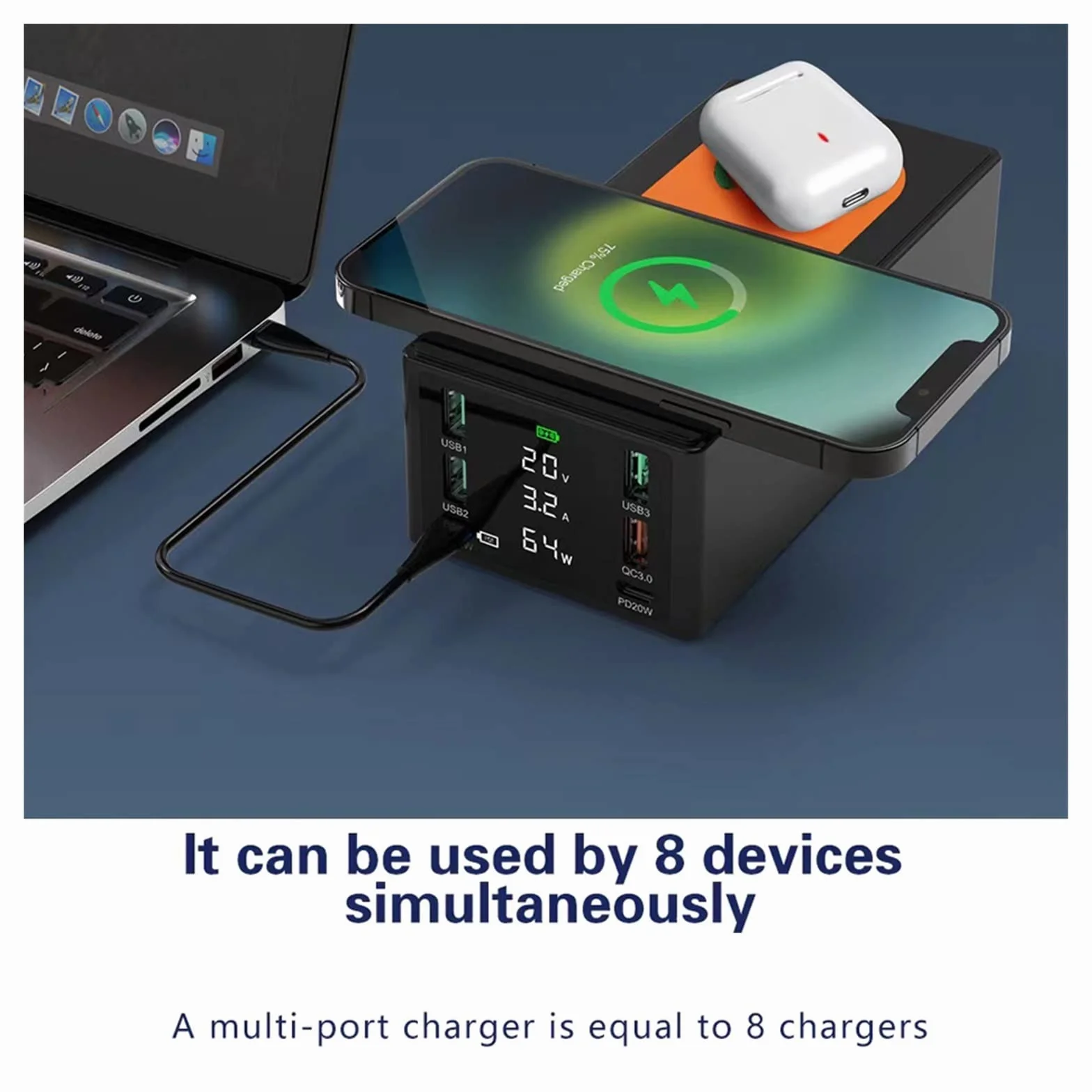 Wielofunkcyjna ładowarka USB, Stacja ładująca USB o mocy 150 W Podwójna bezprzewodowa ładowarka 6 portów typu C QC3.0 PD 65 W Szybka ładowarka USB Ładowarka do telefonu(Nero)