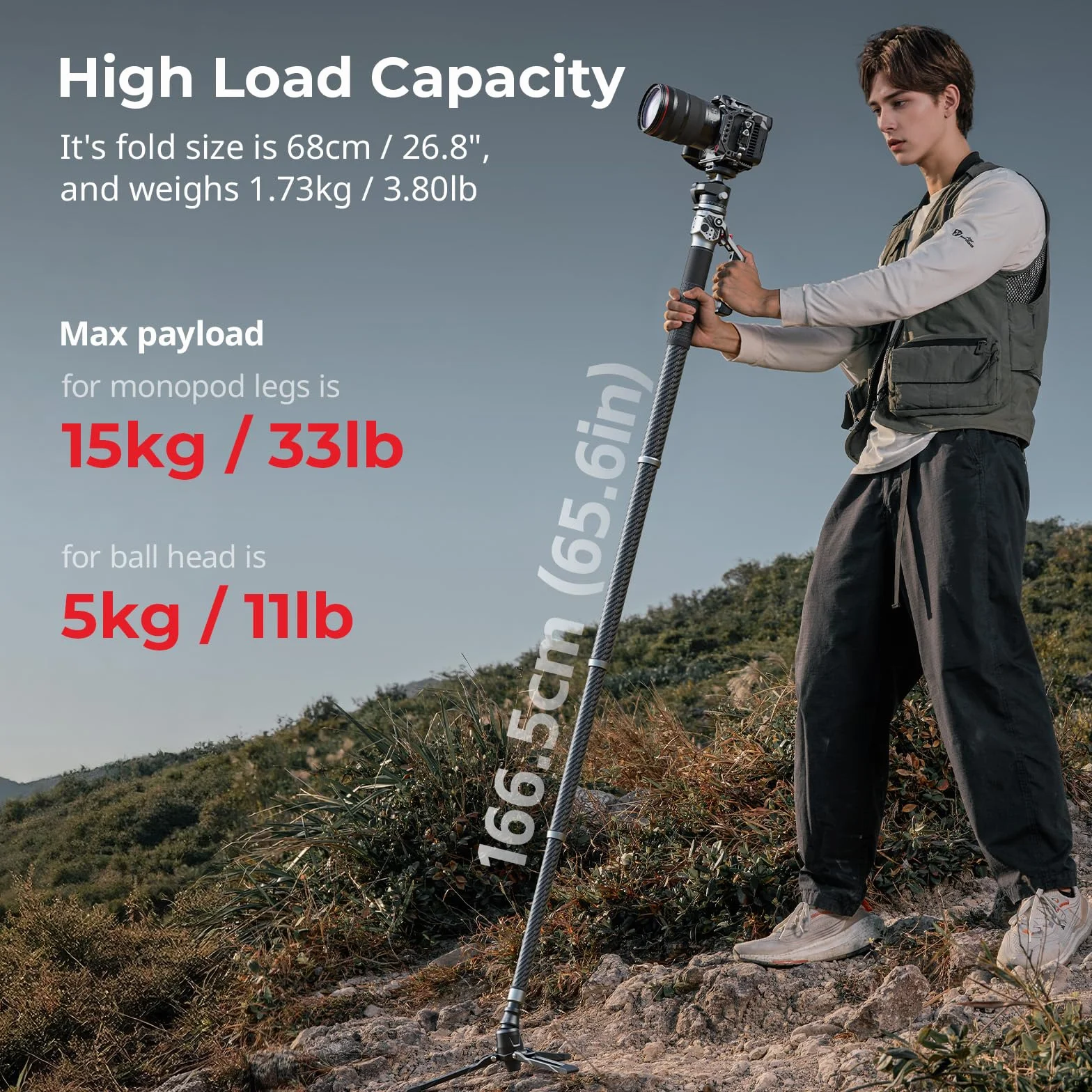 SMALLRIG Monopod z włókna węglowego o długości 166,5 cm / 65,6 cala do aparatu fotograficznego, kompaktowy monopod o wymiarach 68 cm / 26,8 cala, wadze 1,72 kg / 3,8 funta, Max 5 kg - 5564