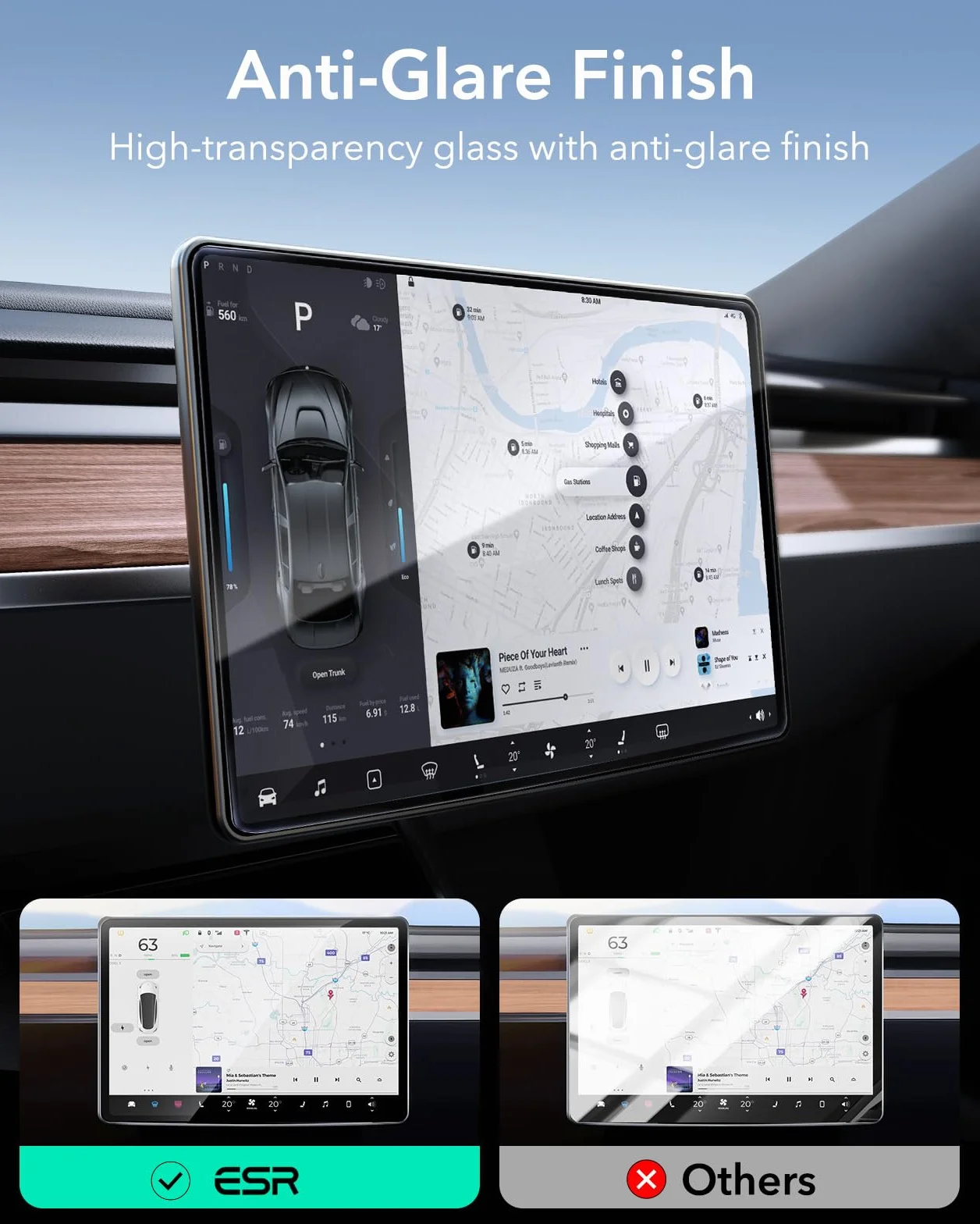 ESR Ochraniacz ekranu ze szkła hartowanego do modelu Tesla 3/Y, zestaw wyrównujący z osłoną ekranu, odporna na zarysowania i wstrząsy, akcesoria Tesla Model 3/Y 2023, bez pęcherzyków powietrza i
