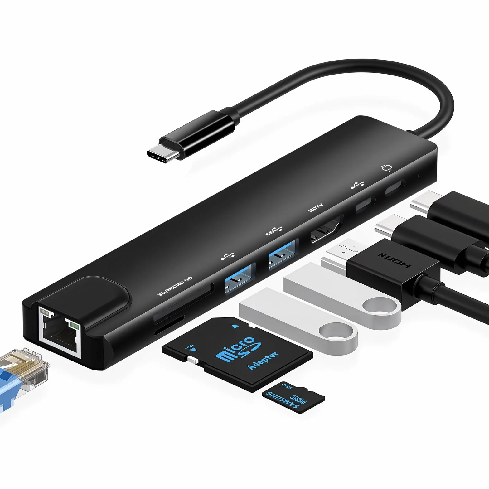 Hub USB C z adapterem Ethernet 8 w 1, konwerter multiport typu C z 100 W PD, 4K HDTV, USB 3.0/2.0, portem C, czytnikiem kart SD/TF dla iPhone 15, MacBook, iPad, Samsung, Surface itp.