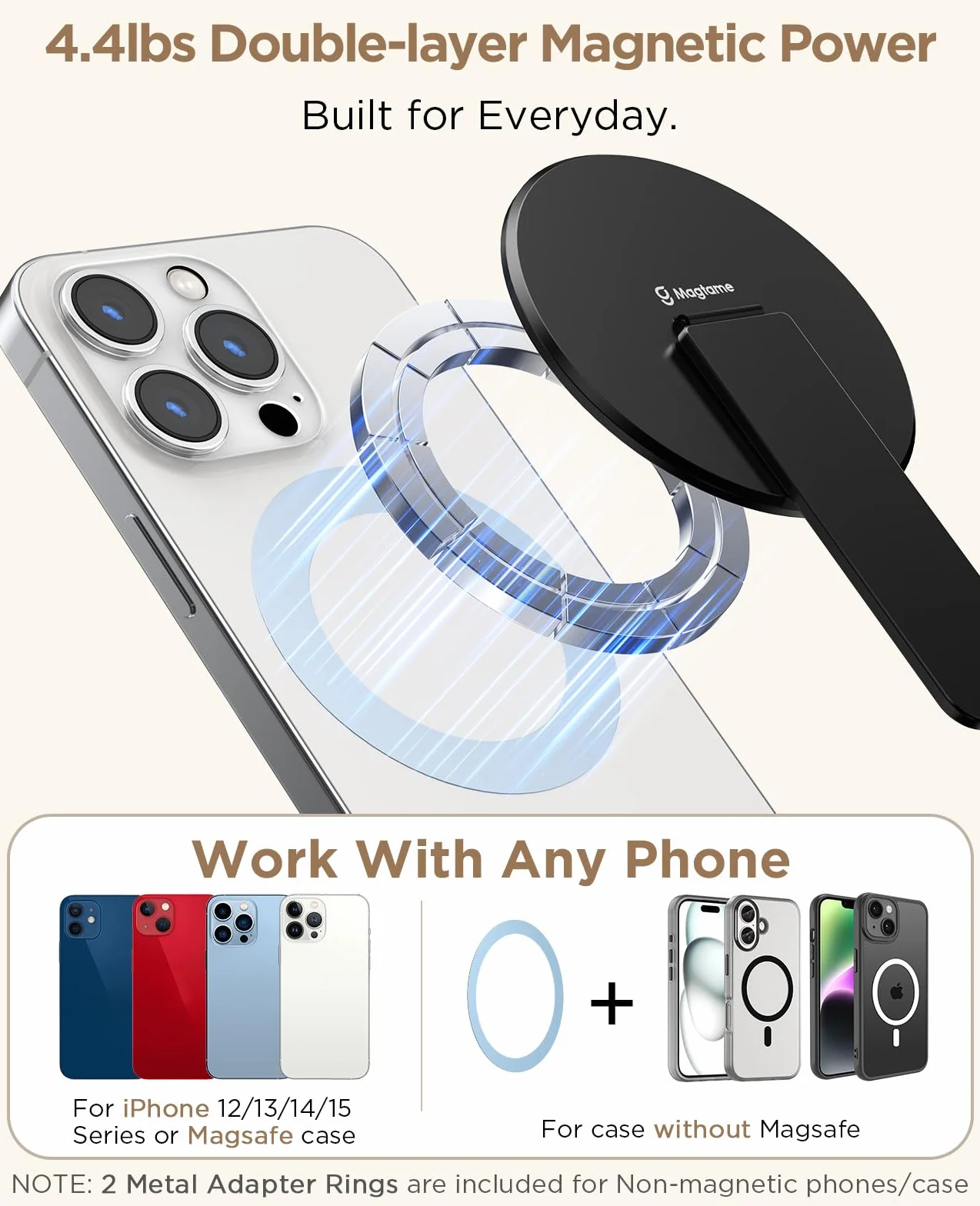Magtame Magnetyczny uchwyt na telefon z podpórką, metalowy pasek 3 w 1, kompatybilny z iPhone 12/13/14/15/16, czarny