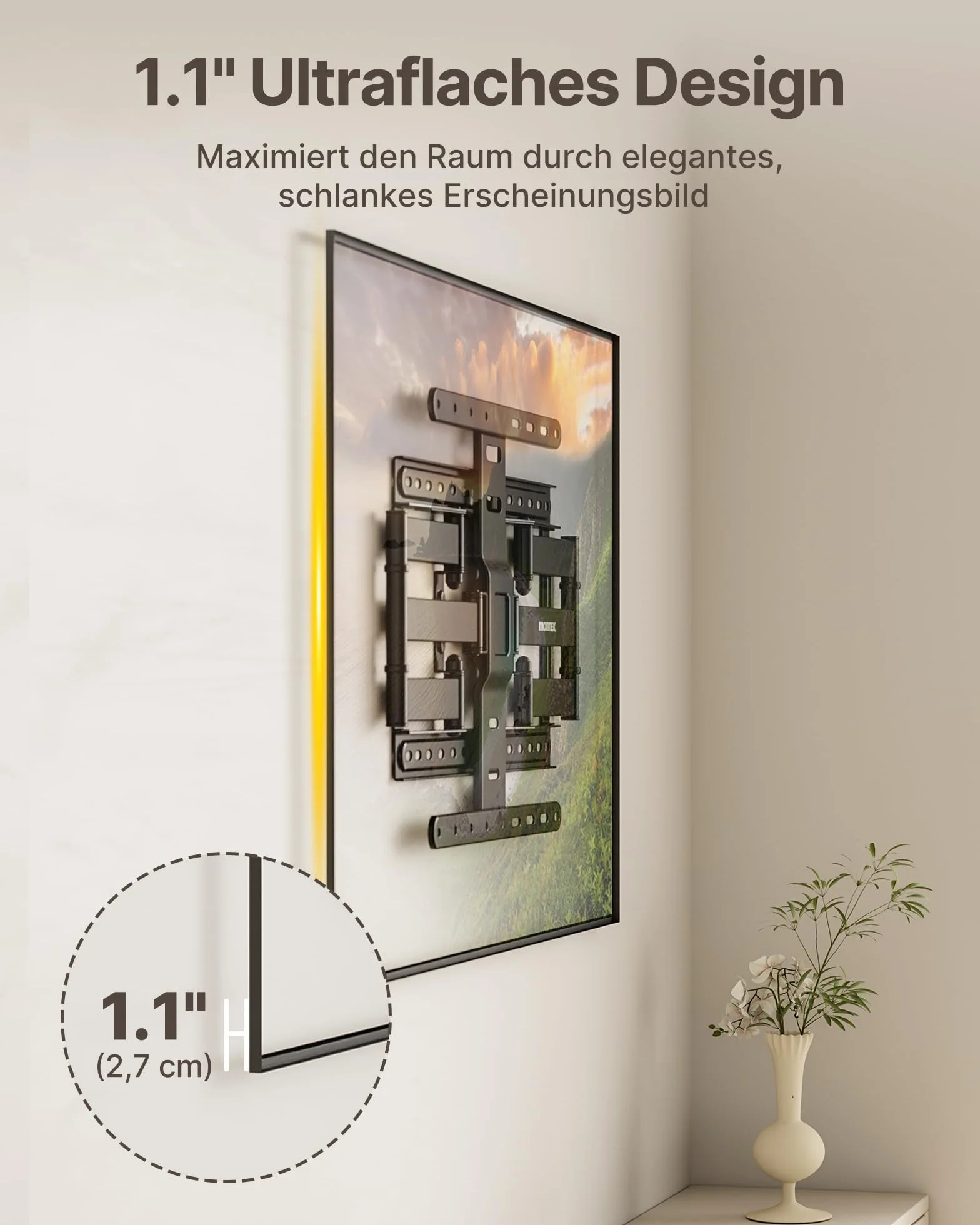 monTEK 1,1" Ultra Slim uchwyt ścienny do telewizorów 37-75" do 60 kg | Uchwyt TV wychylny, pochylany i wysuwany, niski profil, w pełni ruchomy, 4-krotny udźwig, maks. VESA 400 x 400 mm
