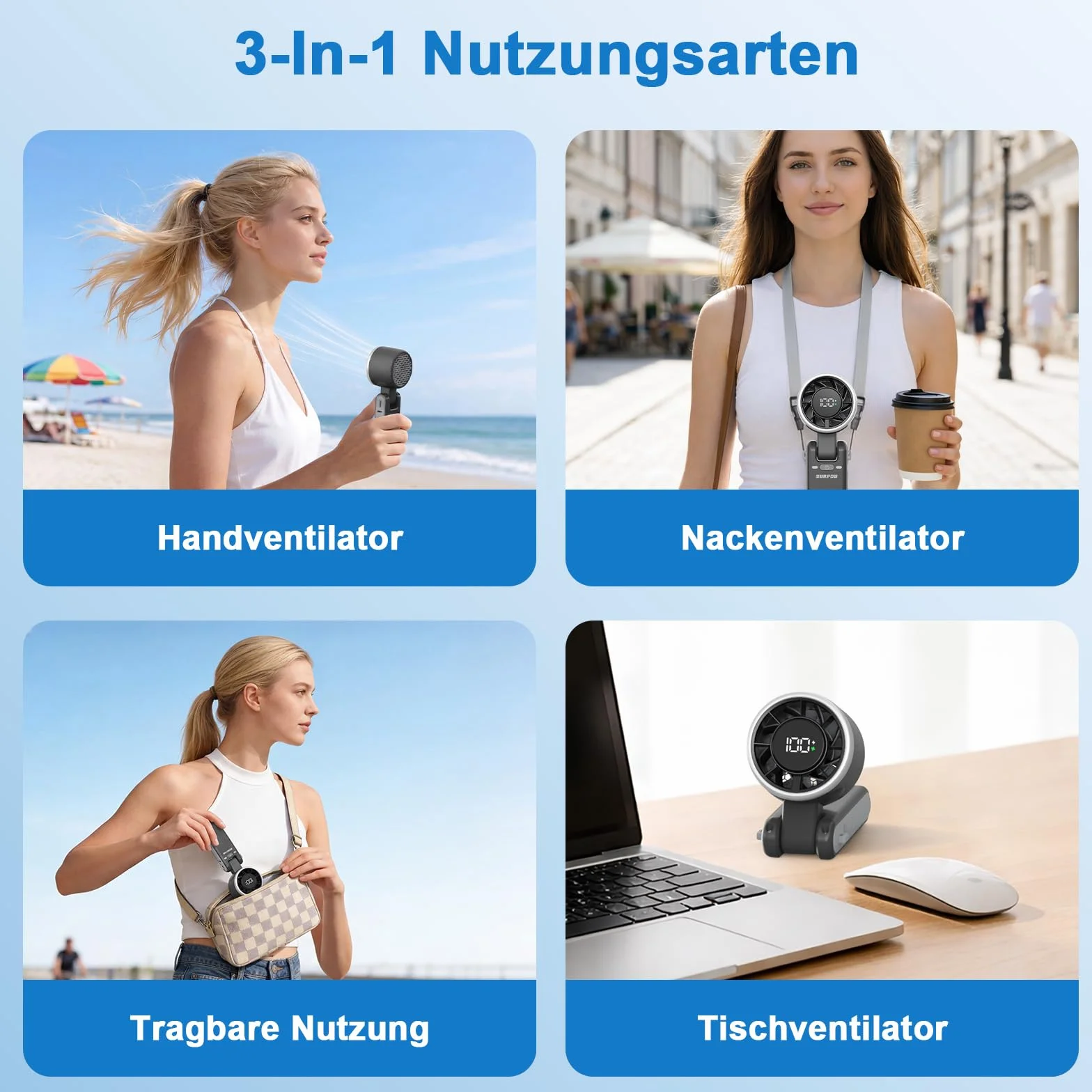 SURFOU Wentylator ręczny 4000 mAh, przenośny mini wentylator turbo z 5 stopniami, wskaźnik LED, składany, 3 w 1, ładowanie przez USB, wydajny do biura, podróży i na zewnątrz, czarny