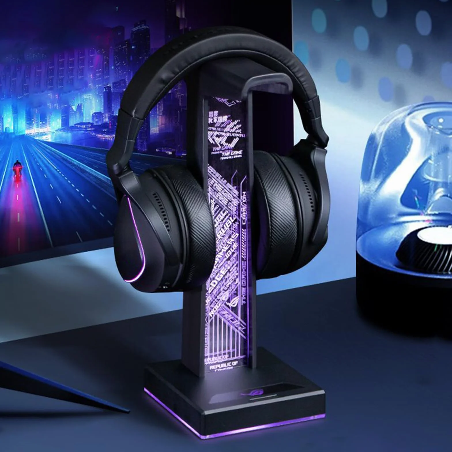 Stojak na słuchawki gamingowe z oświetleniem RGB, uchwyt na słuchawki LED z 2 portami USB i portami audio 3,5 mm, 10 trybów świecenia do wszystkich słuchawek