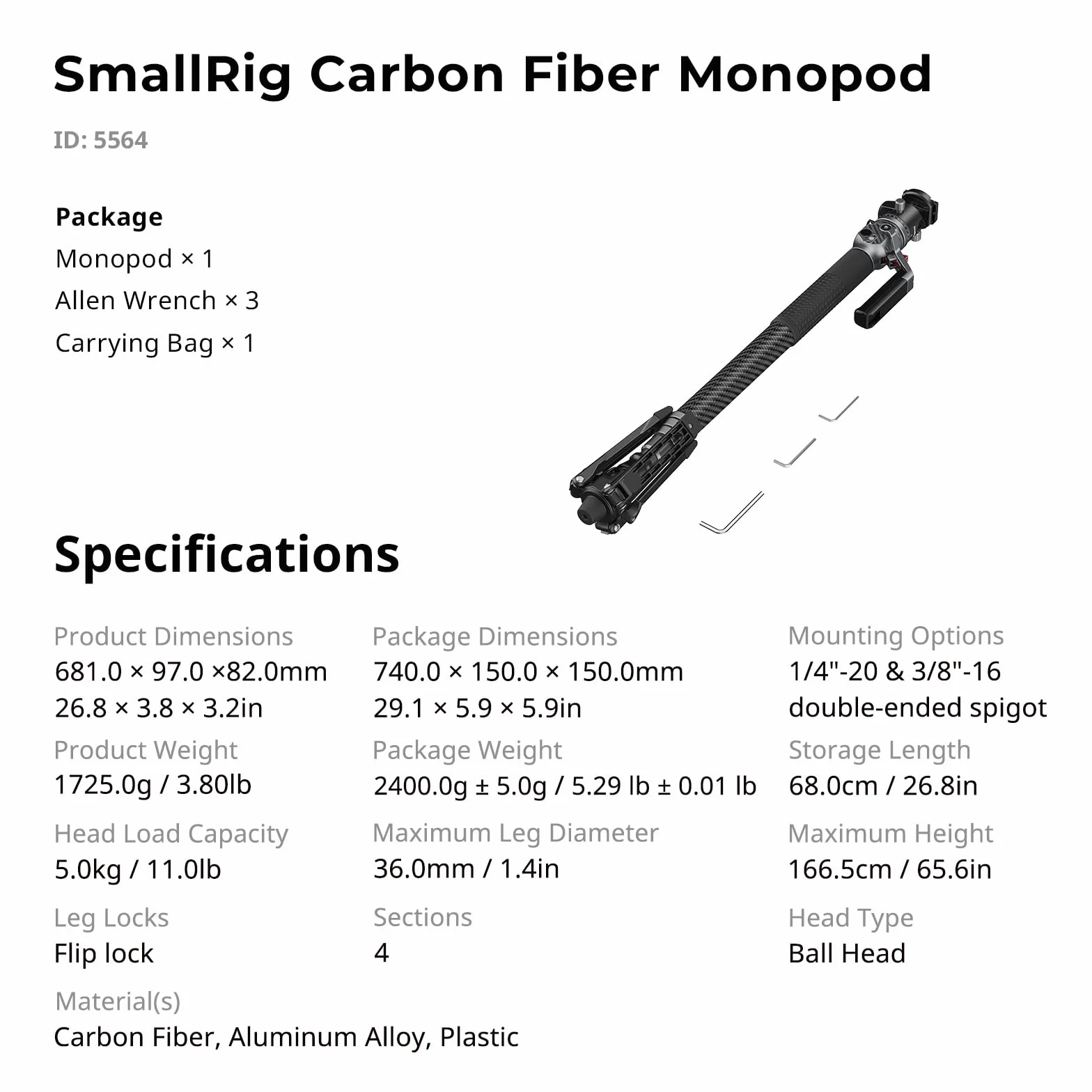 SMALLRIG Monopod z włókna węglowego o długości 166,5 cm / 65,6 cala do aparatu fotograficznego, kompaktowy monopod o wymiarach 68 cm / 26,8 cala, wadze 1,72 kg / 3,8 funta, Max 5 kg - 5564