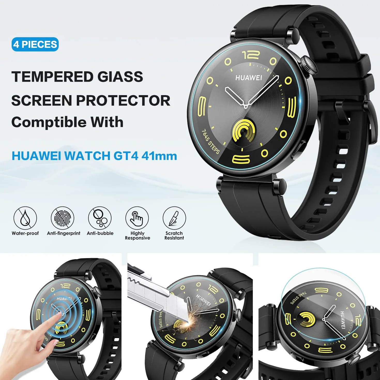 Diruite 4 Sztuki Ochraniacz Ekranu do Huawei Watch GT 4 41mm,HD Szkło Hartowane Folia Ochronna do Huawei Watch GT 4 41mm Smartwatch[Anti-Scratch]