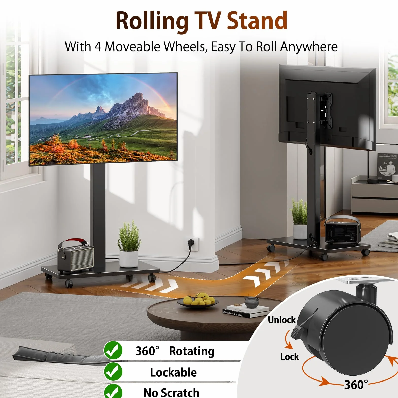 Wózek na kółkach do telewizorów plazmowych LCD LED OLED, z regulacją wysokości, stojący wózek pod telewizor z obrotem panelu o 90°, mobilny stojak na telewizor na kółkach, nośność 30 kg, maks. VESA